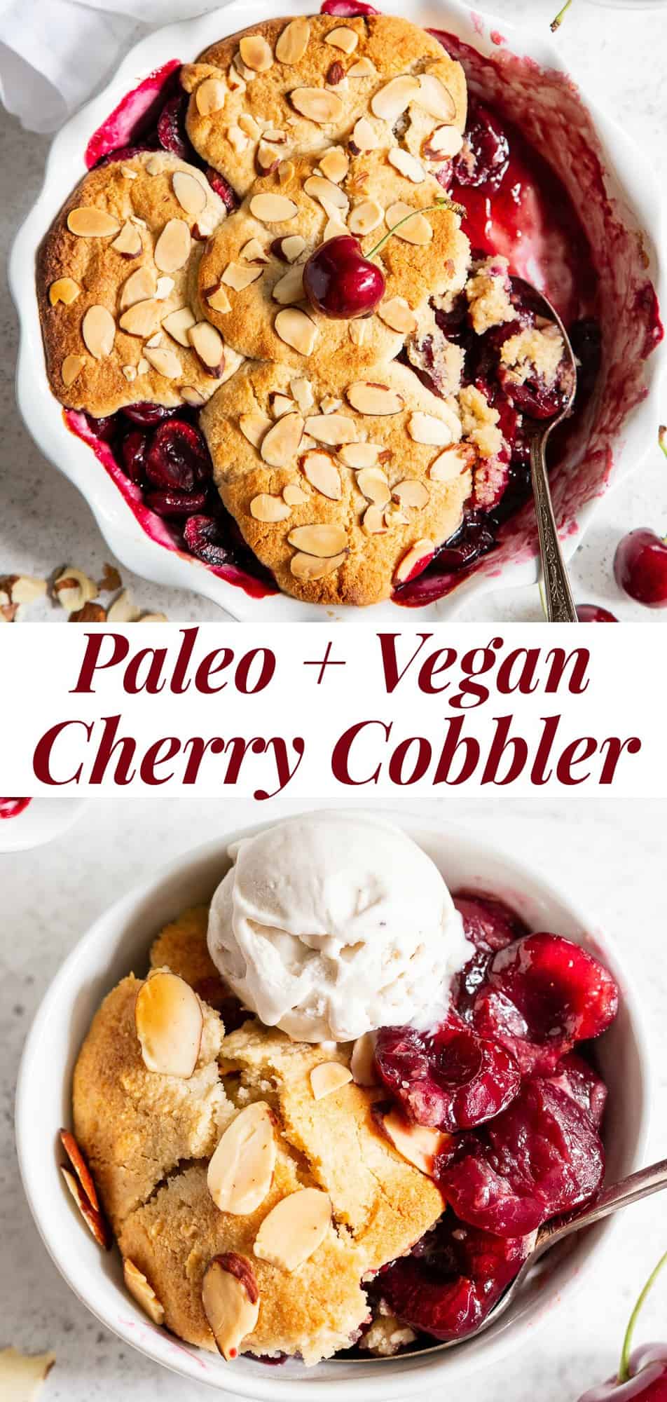 This paleo and vegan cherry almond cobbler is sure to become a family favorite.  A sweet fresh cherry filling is baked with a biscuit cobbler topping and toasty almonds that’s gluten free, dairy free, and egg free.  It’s perfect served with a big scoop of coconut vanilla ice cream or on its own!  Easy to make and the perfect healthy dessert for Summer. #ad @chelanfresh #cherries #paleo #vegan #glutenfree 