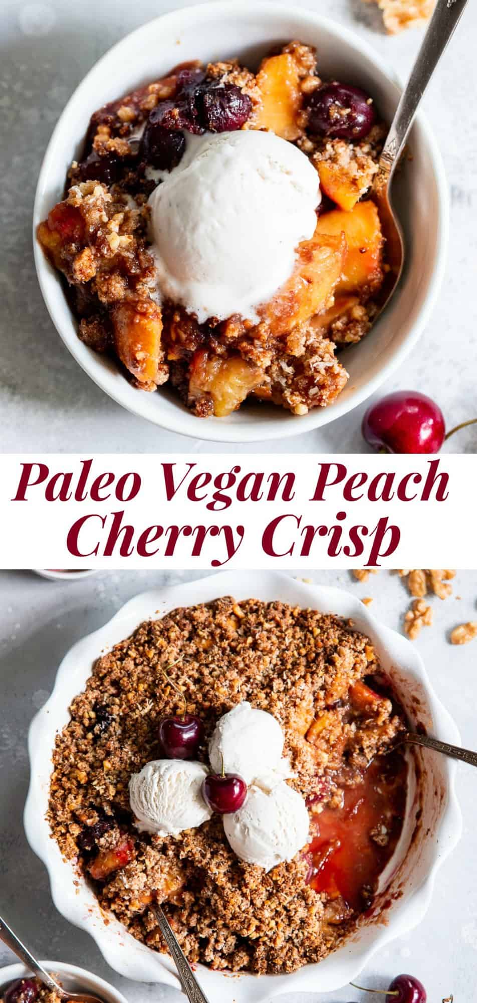 This cherry and peach crisp is irresistibly delicious and easy to make!  A sweet gooey peach and cherry filling is topped with a toasty crumble for a summer dessert that will make everyone come back for seconds.  It’s paleo, vegan, gluten-free, dairy-free and refined sugar free. #vegan #paleo #cleaneating #paleodessert