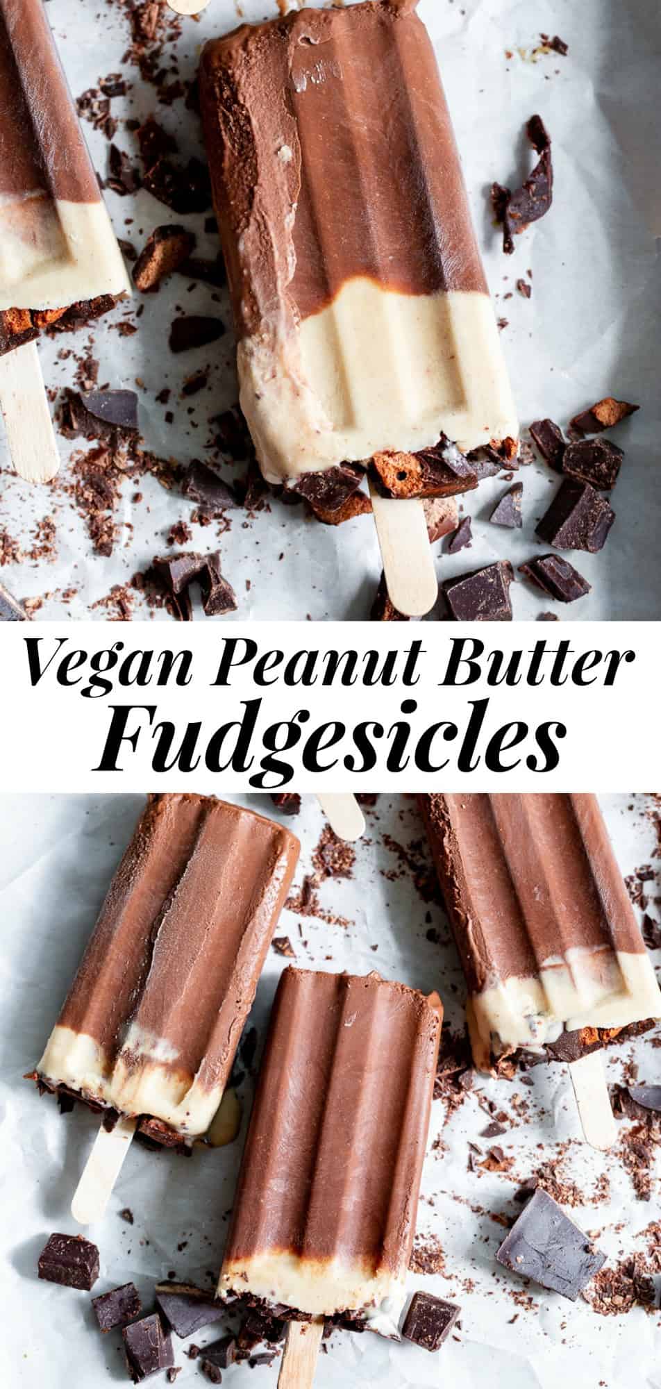 These chocolate peanut butter fudgesicles are just what you need for a healthy frozen treat!   Packed with rich chocolate flavor and a fudgy texture, they're dairy free, refined sugar free, vegan and paleo.   Easy to make in a blender and family approved! #vegan #paleo #peanutbutter #fudgesicles #popsicles #dairyfree #cleaneating 