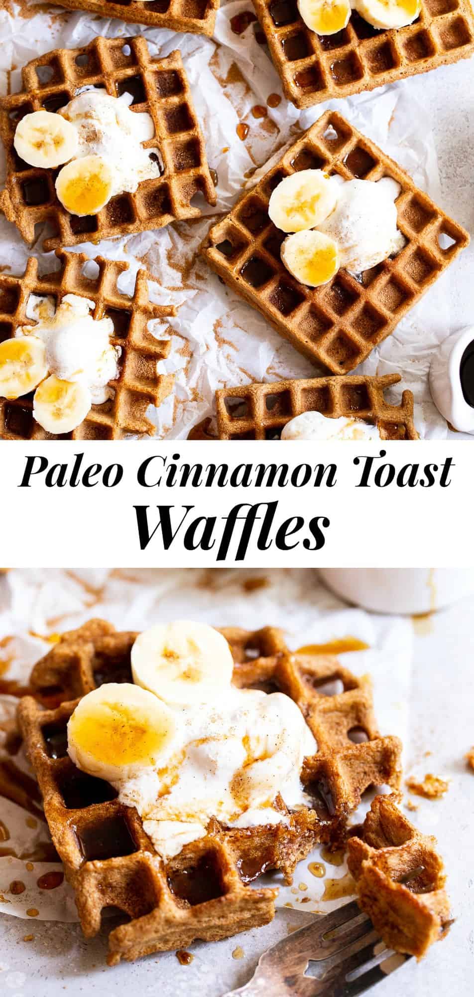 These Cinnamon Toast Paleo Waffles are perfectly crisp and packed with lots of cinnamon sugar flavor!  They're made with coconut and tapioca flour so they're great for those with almond allergies too.  Kid approved, freezable, and perfect topped with fruit, whipped cream, extra cinnamon and maple syrup!  Grain free, dairy free, refined sugar free.  #paleo #paleorecipes #cleaneating #coconutflour