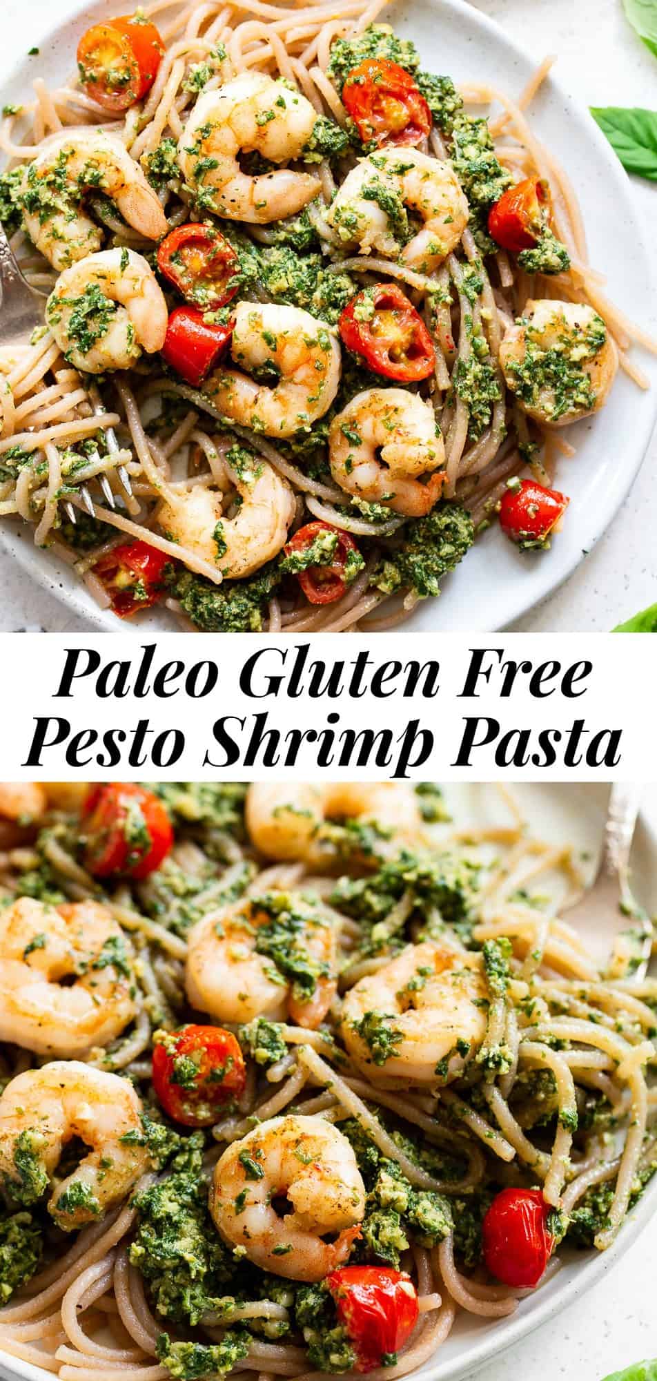 This simple and delicious paleo shrimp pesto pasta is packed with flavor, family friendly and quick enough for weeknight dinners, especially if you make the pesto ahead of time! You can use cassava pasta or any veggie noodles of your choice to make a pasta dinner that’s totally gluten free, dairy free, and packed with protein and healthy fats. #paleo #cassava #glutenfree #cleaneating 