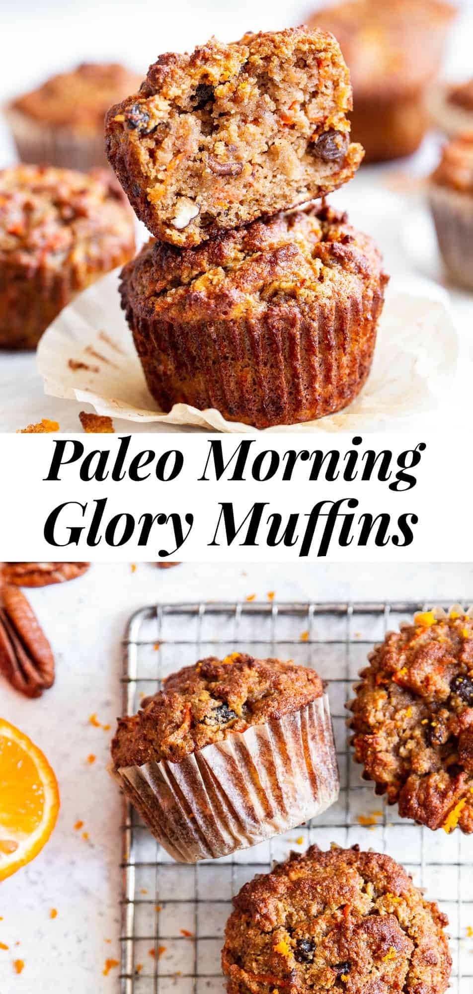 These Paleo Morning Glory Muffins are perfect for breakfast and snacking! Loaded with goodies like apples, carrots, raisins and pecans and flavored with orange zest, these tender and moist muffins absolutely delicious, healthy, gluten free, grain free, dairy free, and refined sugar free. #paleo #glutenfree #paleobaking #cleaneating 