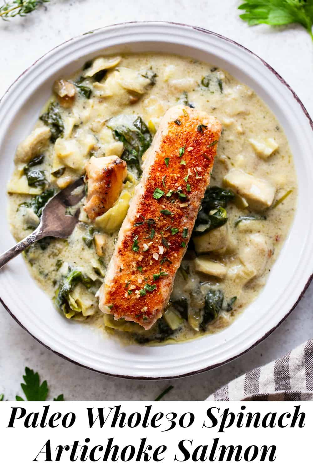One Skillet Salmon with Creamy Spinach Artichoke Sauce {Whole30, Keto}
