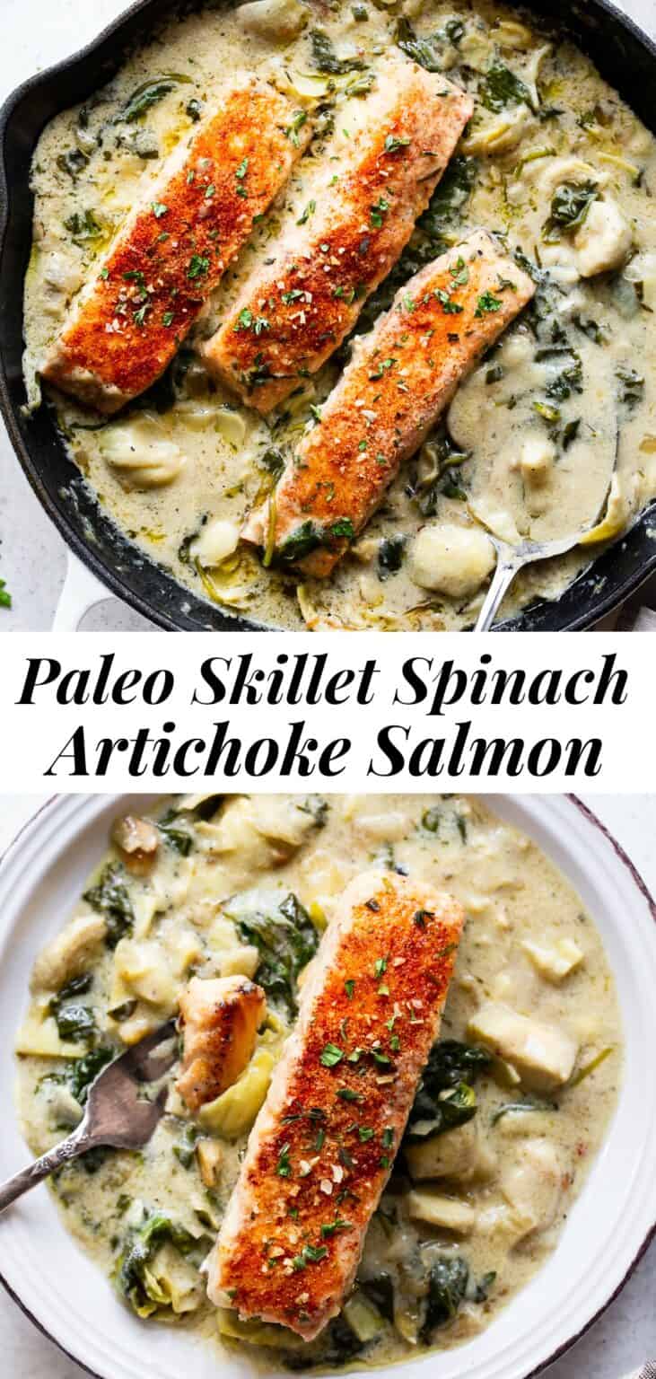 One Skillet Salmon with Creamy Spinach Artichoke Sauce {Whole30, Keto}