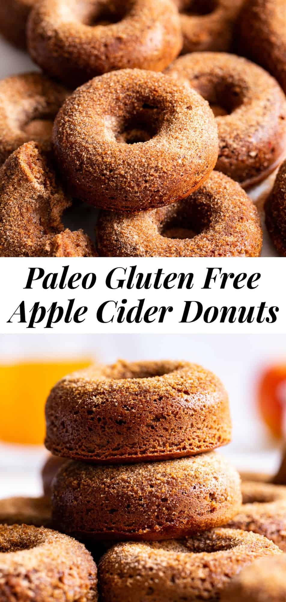 This healthier paleo version of classic apple cider donuts are a delicious treat to bake for fall!  They're soft and tender, filled with apple pie spice and cinnamon sugar flavor yet they're refined sugar free.  Kids love baking and eating them too!  Gluten free, dairy free, grain free and paleo. #paleo #cleaneating #glutenfree 