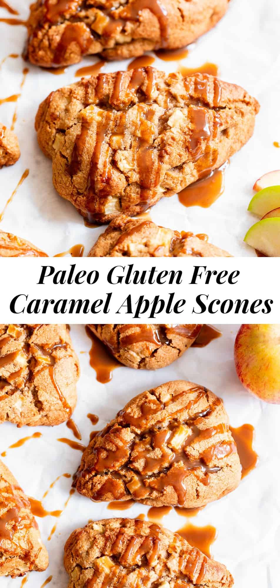 These paleo apple scones are packed with cinnamon flavor and drizzled with a dairy free and paleo caramel sauce that takes them to the next level! Perfect for fall baking at home, as a breakfast or brunch treat or afternoon snack. Kid friendly, gluten free, grain free and dairy free options. #paleo #glutenfree #paleobaking #scones