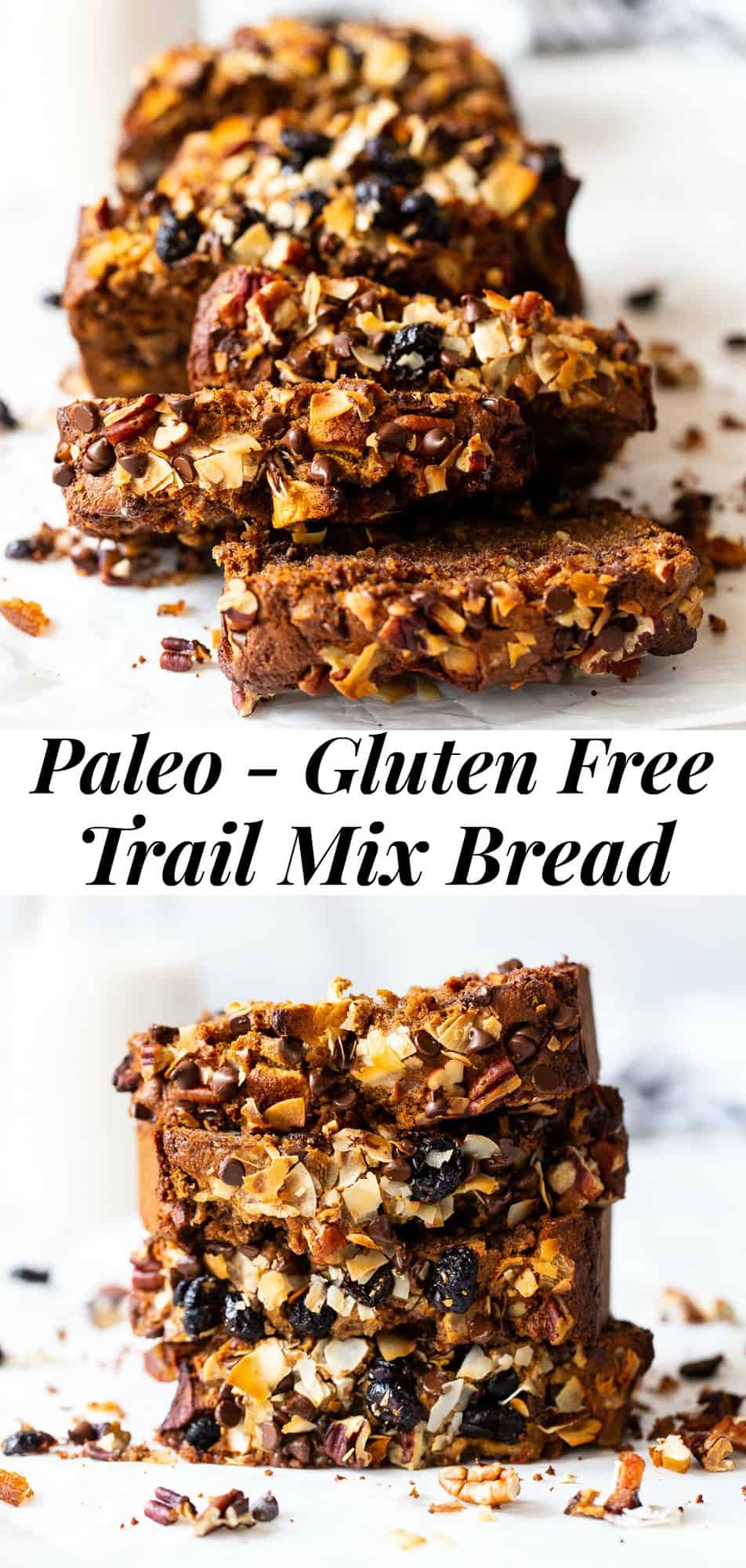 This grain free trail mix bread is a fun twist on a simple paleo quick bread! It’s loaded with warm spices, dried fruit, nuts and coconut, and sweetened with maple syrup and coconut sugar. It’s perfect to slather with nut butter for breakfast or for an anytime snack! Gluten free, refined sugar free, paleo, dairy free. #paleo #glutenfree #paleobaking #cleaneating 