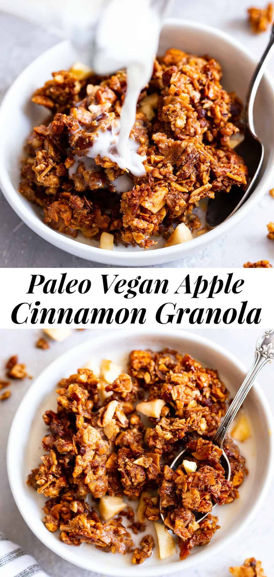 This apple cinnamon granola is the ultimate grain free granola for fall! Packed with apple pie spice, chopped nuts, coconut, chewy dried apples and sweetened with maple syrup, this baked granola is perfect for breakfast with dairy free milk or for snacking on by the handful! It’s vegan, dairy free, and paleo friendly. #paleo #vegan #cleaneating