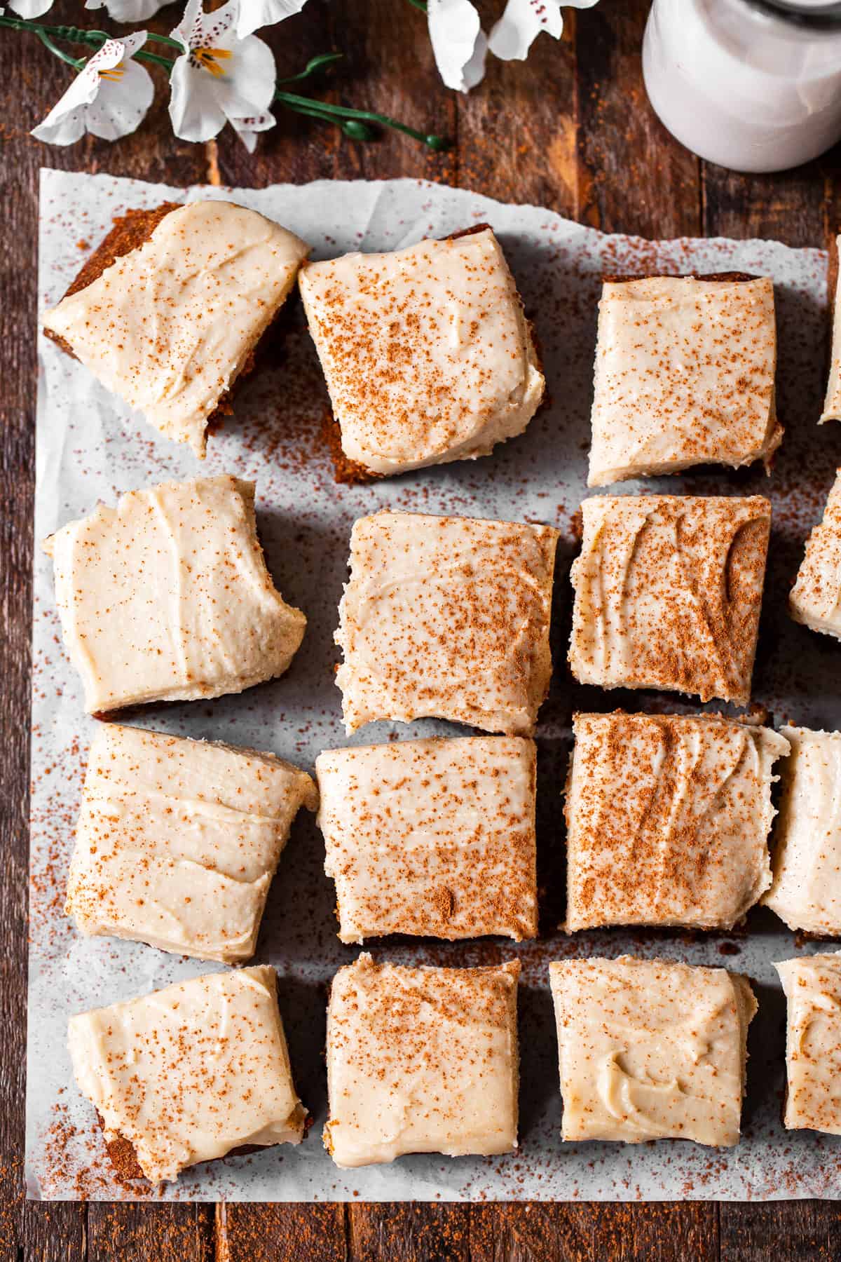 Overhead shot of Paleo pumpkin bars with dairy-free cream cheese frosting