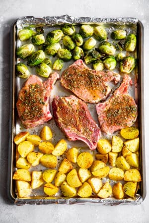 Sheet Pan Ranch Pork Chops with Potatoes and Brussels Sprouts