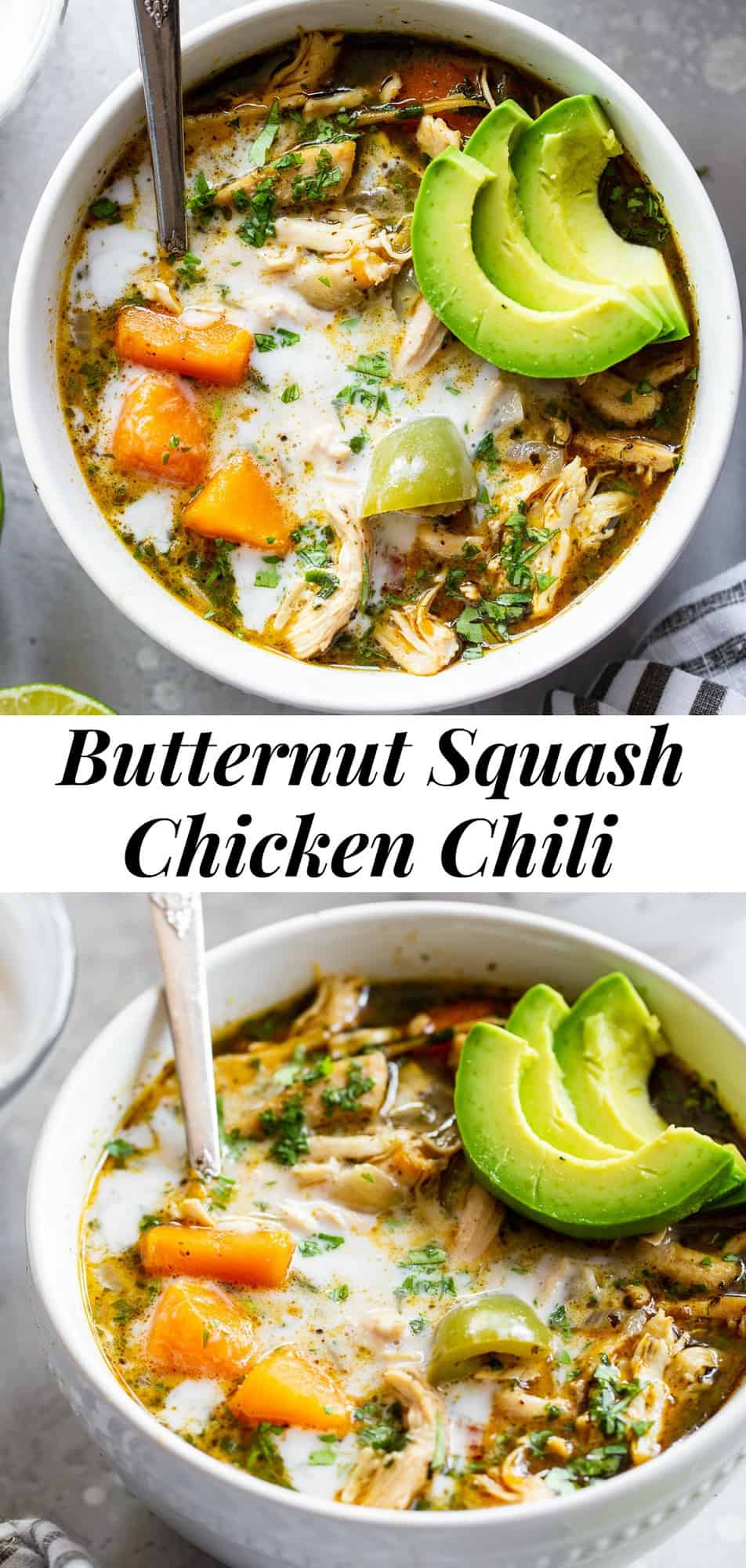 This hearty and super tasty butternut squash chicken chili is fast and easy plus packed with flavor, protein and veggies.  It’s a healthy one pot paleo meal you’ll enjoy during the cold months that the whole family will love!  It’s Whole30 compliant, dairy free and paleo. #paleo #whole30 #cleaneating #chili #onepot