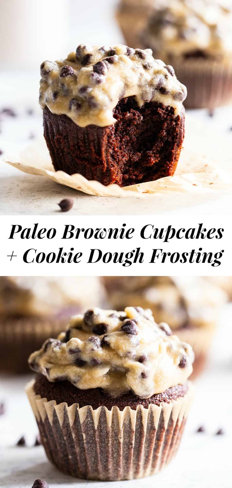 These decadent and rich paleo chocolate brownie cupcakes have a thick cookie dough buttercream frosting with a dairy free option. They’re perfect for any special occasion or just because you feel like a treat!  Kid and family approved, gluten and grain free. #paleo #glutenfree #paleobaking #cupcakes