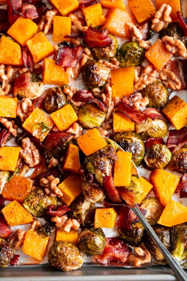 Maple Roasted Butternut Squash with Brussels sprouts and Bacon {Paleo}