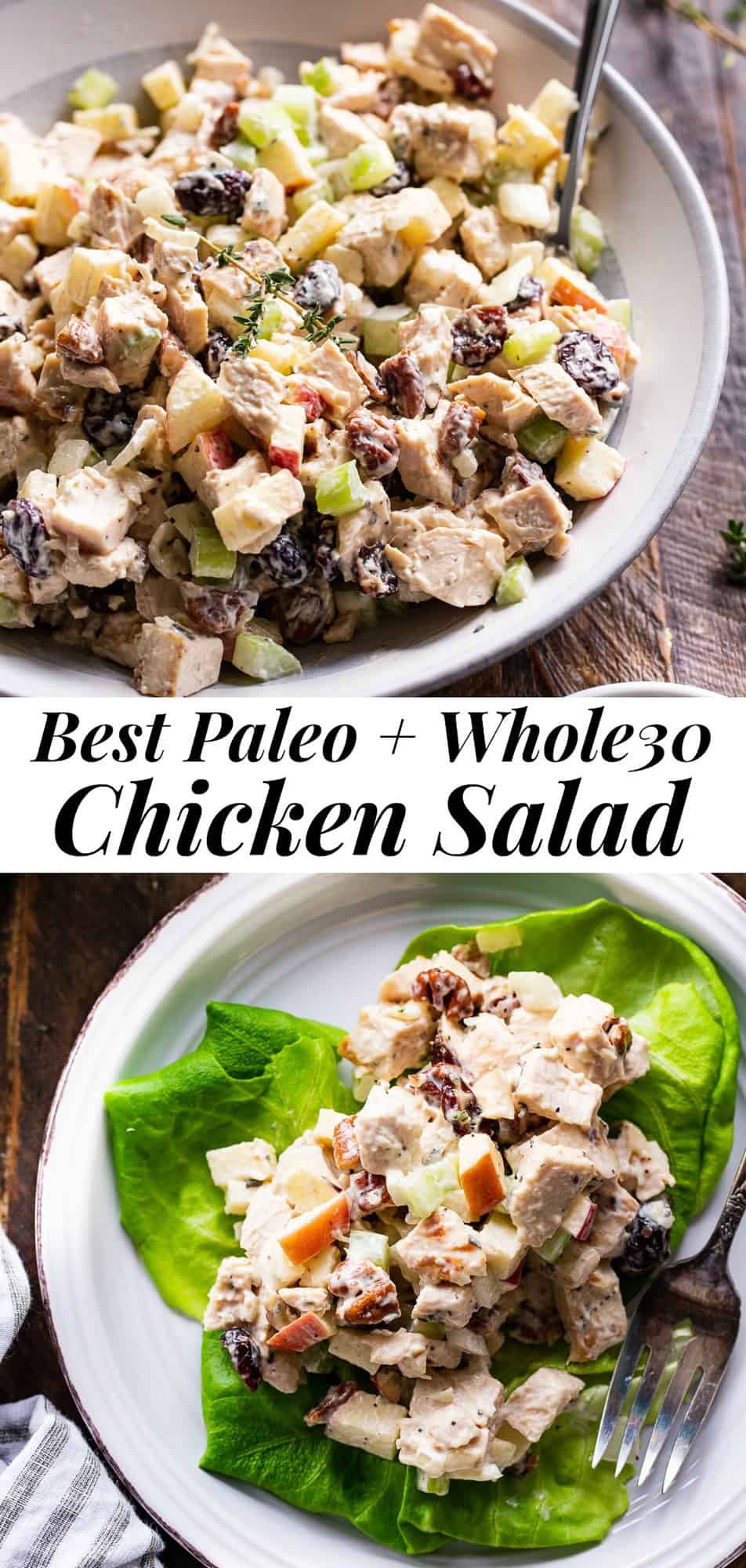This healthy paleo chicken salad is packed with so many goodies like crunchy apples and celery, onions, cranberries, fresh herbs and tossed with an easy homemade mayo.  It's perfect over a salad, wrapped in greens or on its own for lunch or a snack!  Family approved, sugar free, dairy free and Whole30 compliant. #paleo #whole30 #cleaneating #chickensalad
