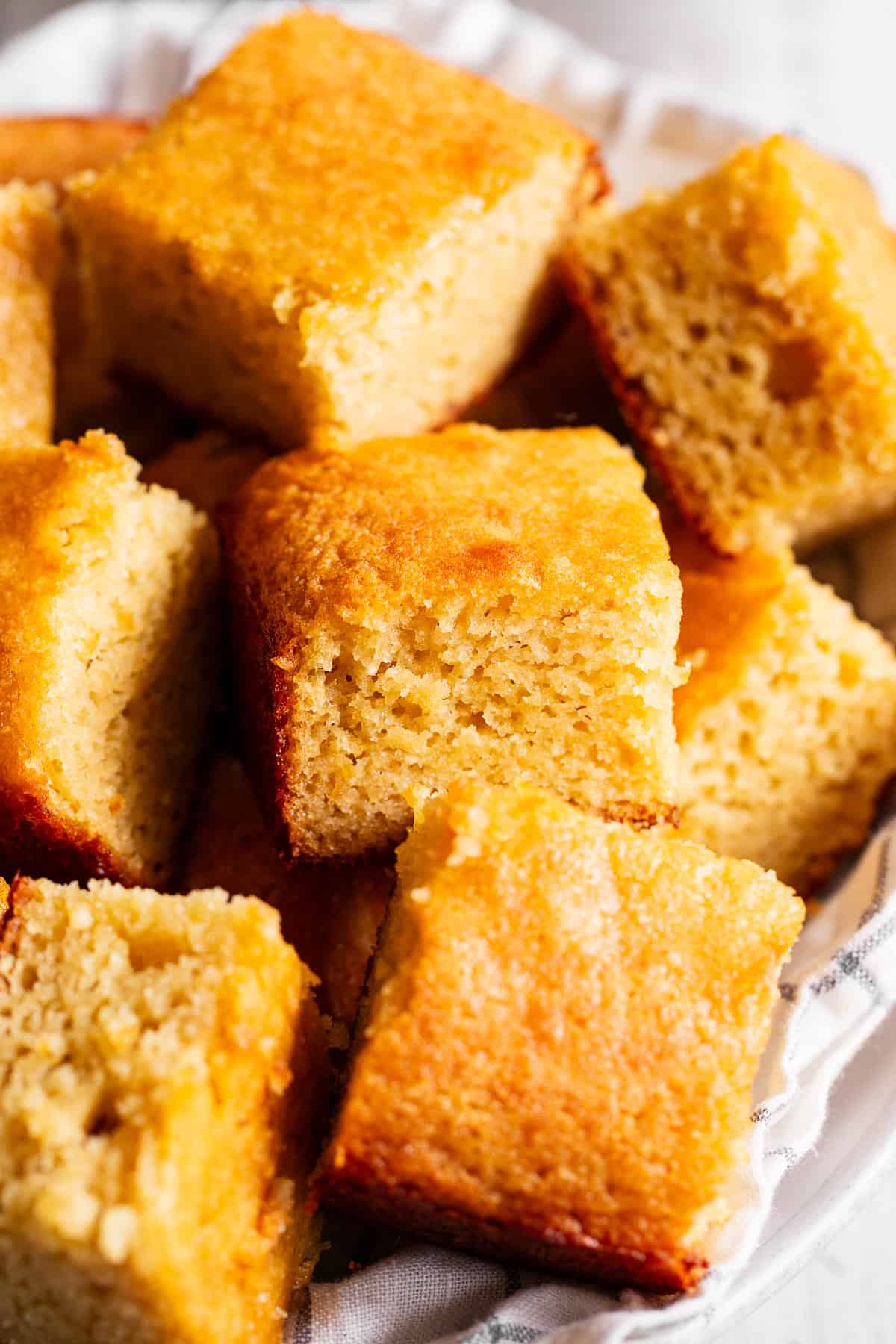 close up shot of paleo cornbread cut into squares