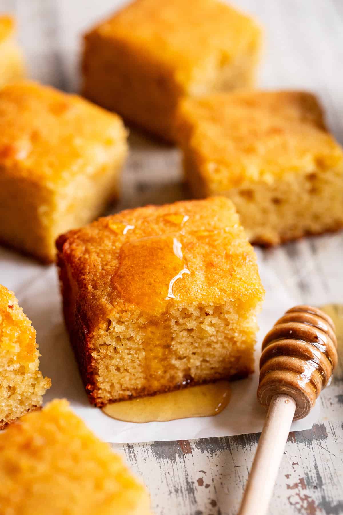 paleo cornbread with a drizzle of honey