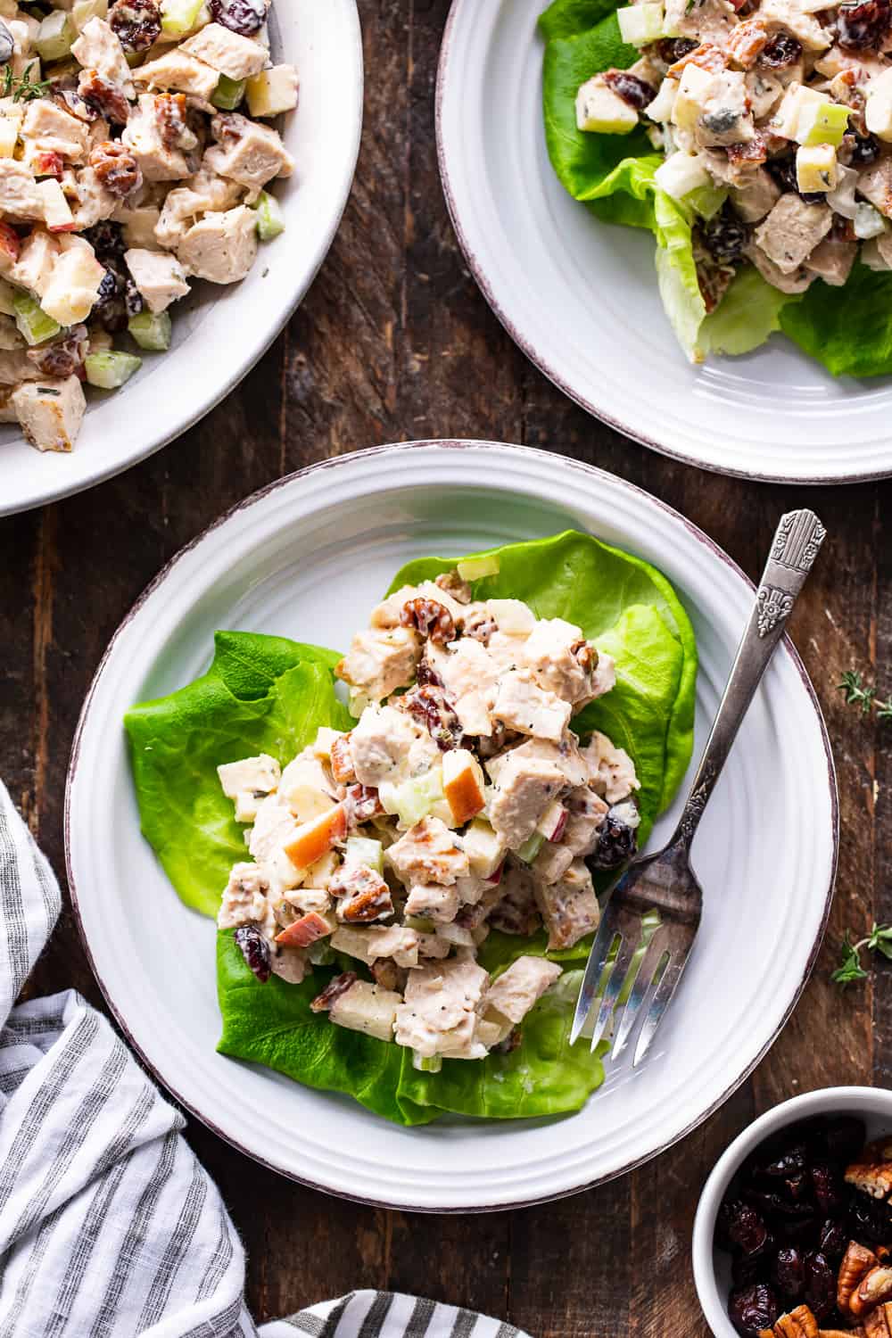 This healthy paleo chicken salad is packed with so many goodies like crunchy apples and celery, onions, cranberries, fresh herbs and tossed with an easy homemade mayo.  It's perfect over a salad, wrapped in greens or on its own for lunch or a snack!  Family approved, sugar free, dairy free and Whole30 compliant. #paleo #whole30 #cleaneating #chickensalad