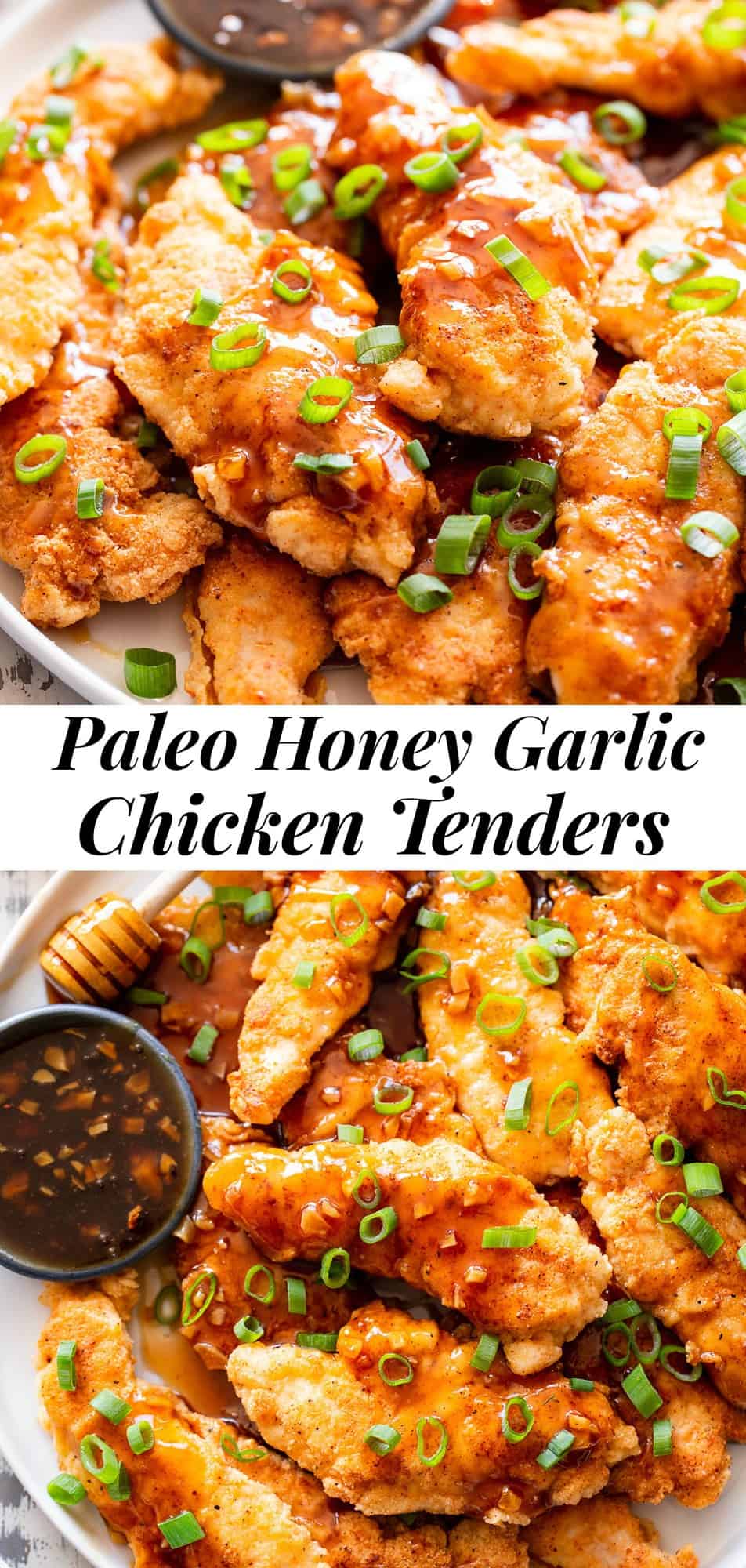 These tasty honey garlic chicken tenders have a crispy grain free “breading” and a sweet and savory honey garlic sauce that’s full of flavor! They’re easy to throw together and perfect to serve alongside your favorite veggies, over cauliflower rice, or over a salad. Kid friendly, paleo, gluten free, and delicious! #paleo #glutenfree #Chicken #cleaneating