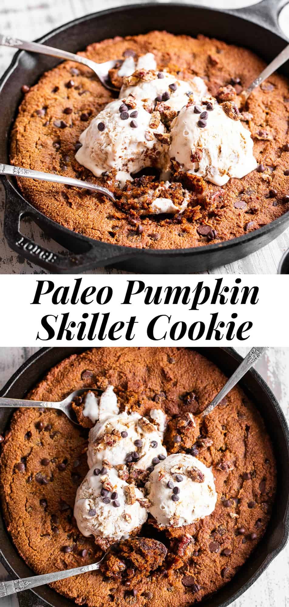 This gooey Pumpkin Skillet Cookie is packed with chocolate chips and warm pumpkin spices.  It’s delicious out of the oven topped with your favorites like coconut vanilla ice cream, candied pecans and extra chocolate chips!  Gluten free, dairy free and paleo.  #paleo #pumpkin #glutenfree 