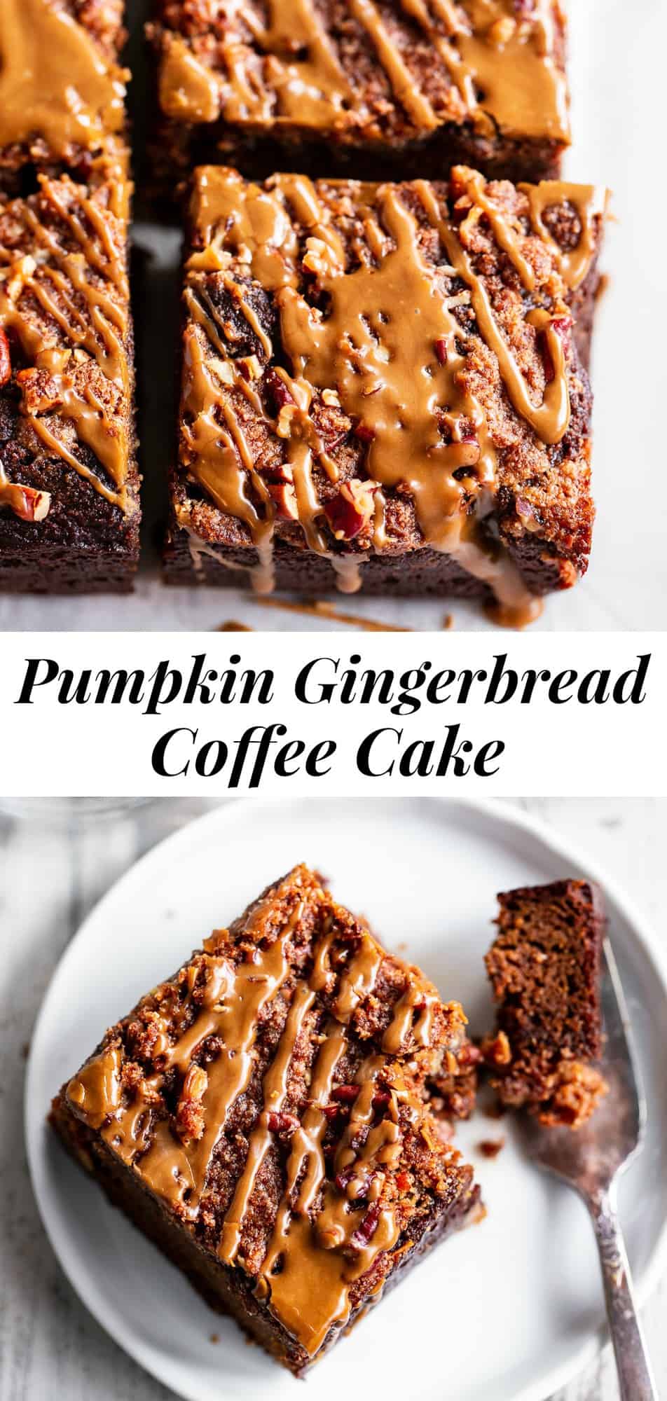 This Paleo Pumpkin Gingerbread Coffee Cake has it all!  Moist cake with sweet warm pumpkin spices and molasses topped with an addicting crumb topping and gingerbread icing!  Fancy enough to serve to guests but so delicious that you’ll want to have some to snack on all season long. #paleo #glutenfree #healthybaking #gingerbread #coffeecake #cleaneating 