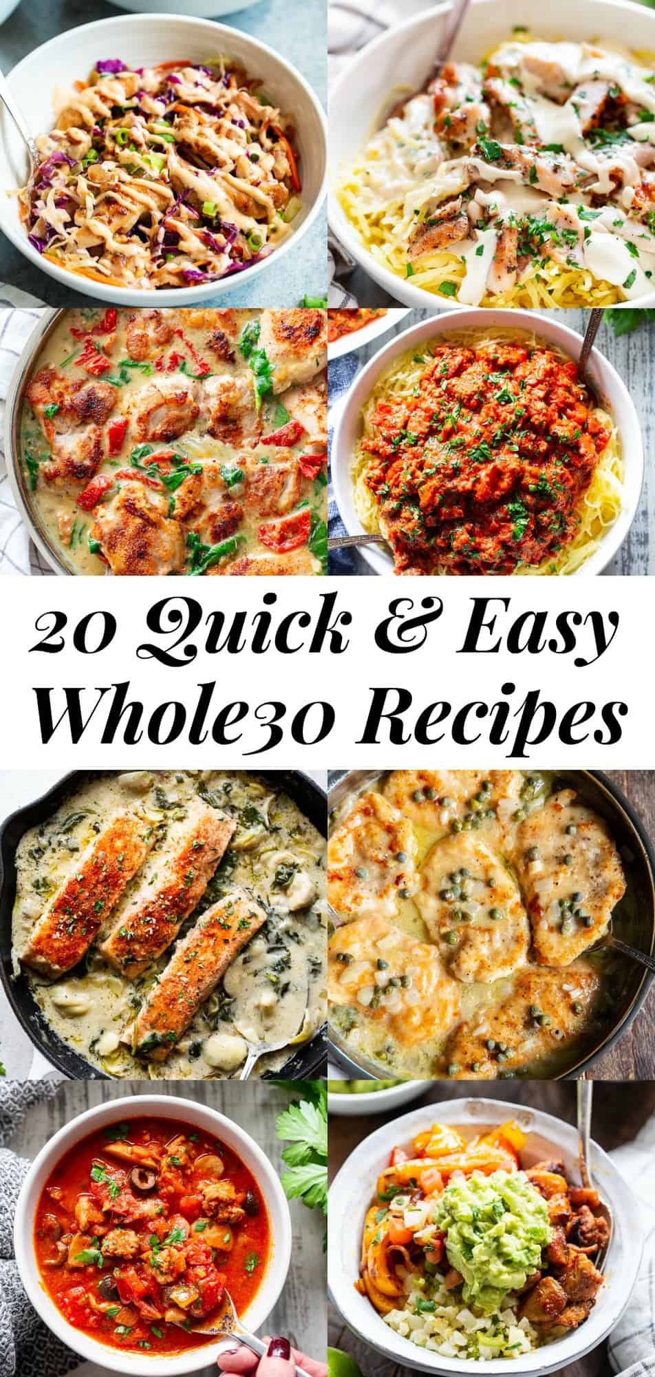 These 20 quick and easy healthy dinners are sure to make everyone in the family happy!  Each recipe is paleo friendly, Whole30 compliant, low carb, and ready from start to finish in 30 minutes or less.  If you're short on time you need these fast, healthy and super tasty dinner recipes in your life! #paleo #whole30 #keto #lowcarb #cleaneating