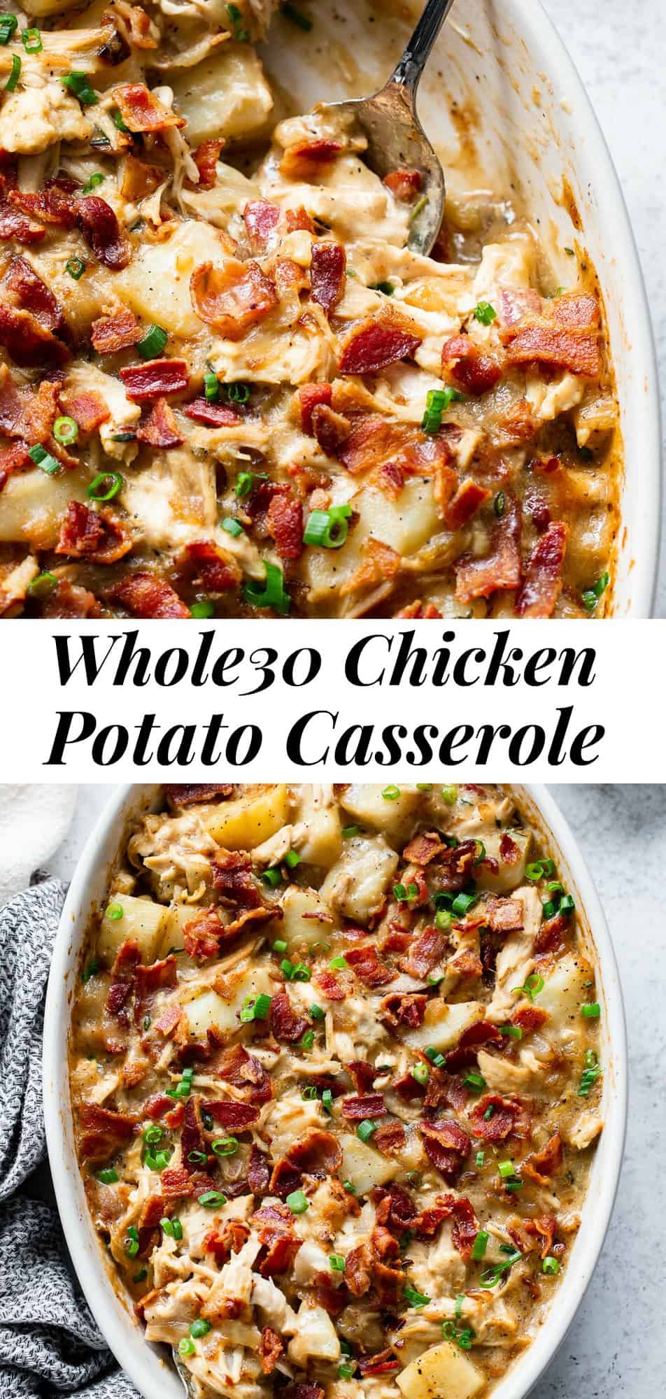 This savory creamy chicken potato casserole is the perfect healthy comfort food for cold winter nights! Hearty roasted potatoes are baked with chicken, bacon, and a creamy sauce that you won’t believe is dairy free. It’s kid approved, easy to make and the leftovers are perfect for a filling lunch the next day. It’s Whole30 compliant and paleo friendly. #paleo #whole30 #dairyfree #cleaneating