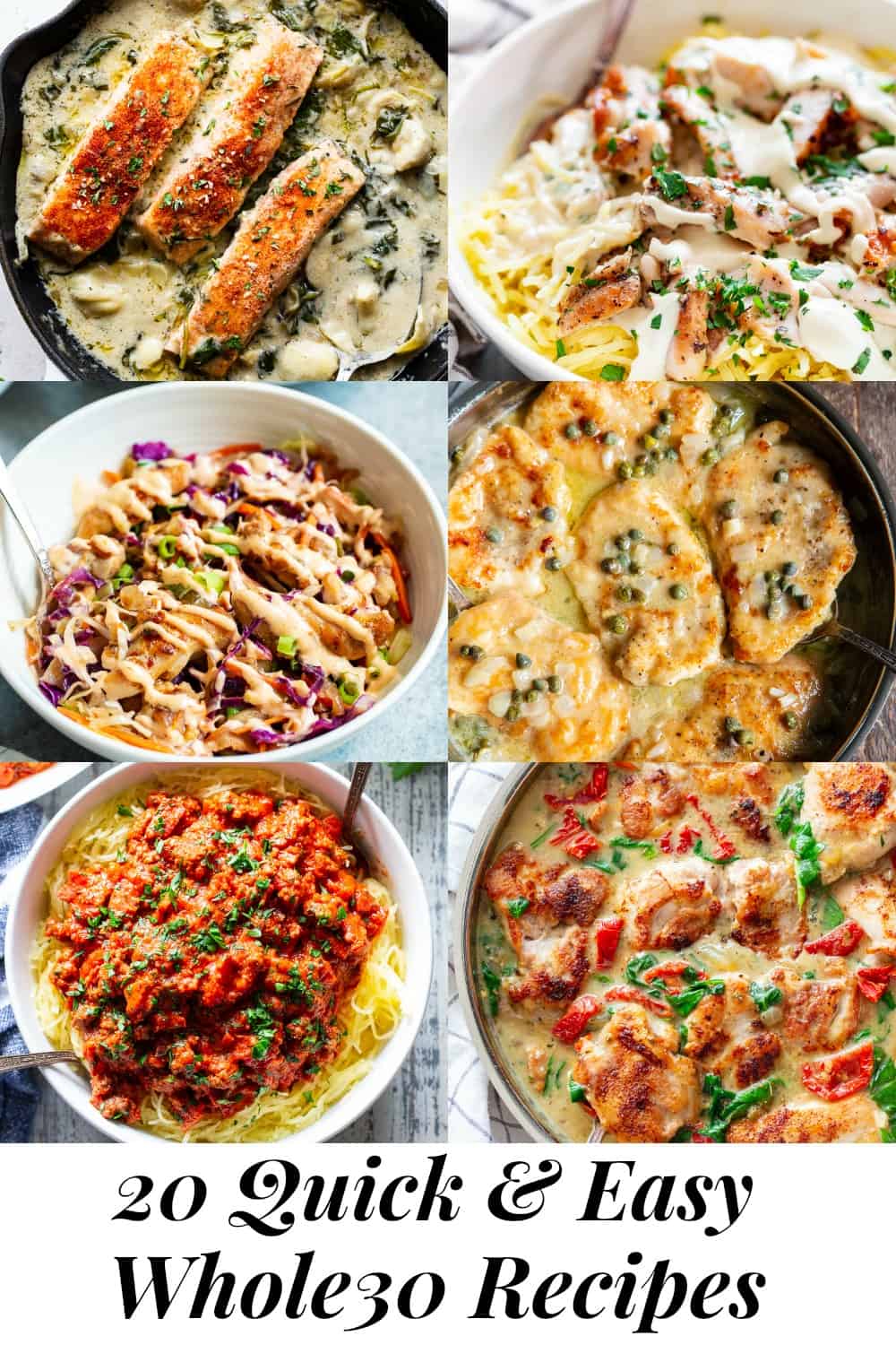 These 20 quick and easy healthy dinners are sure to make everyone in the family happy!  Each recipe is paleo friendly, Whole30 compliant, low carb, and ready from start to finish in 30 minutes or less.  If you're short on time you need these fast, healthy and super tasty dinner recipes in your life! #paleo #whole30 #keto #lowcarb #cleaneating