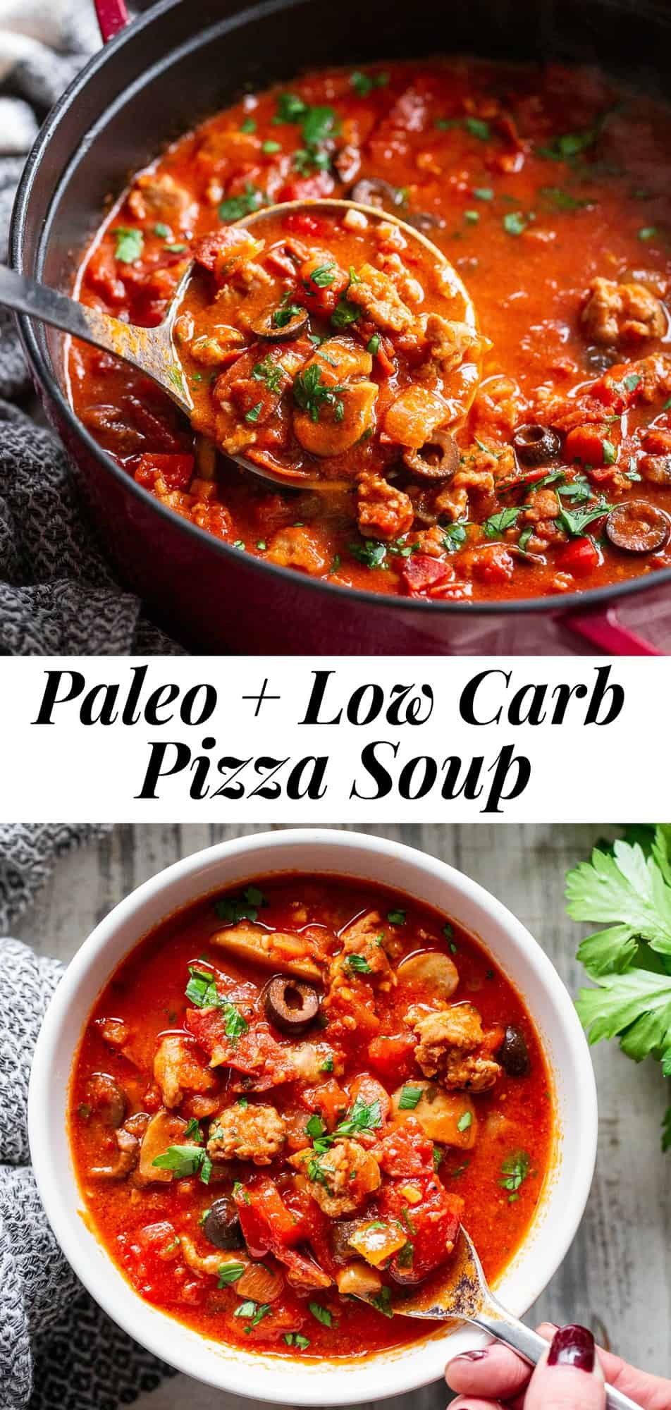 This low carb and paleo pizza soup is hearty, comforting and packed with all your favorite pizza toppings like sausage, peppers, onions, mushrooms, olives and pepperoni. Add broth and your favorite marinara sauce and you have a healthy meal that tastes just like pizza but without the carbs and dairy! #whole30 #paleo #keto #cleaneating 