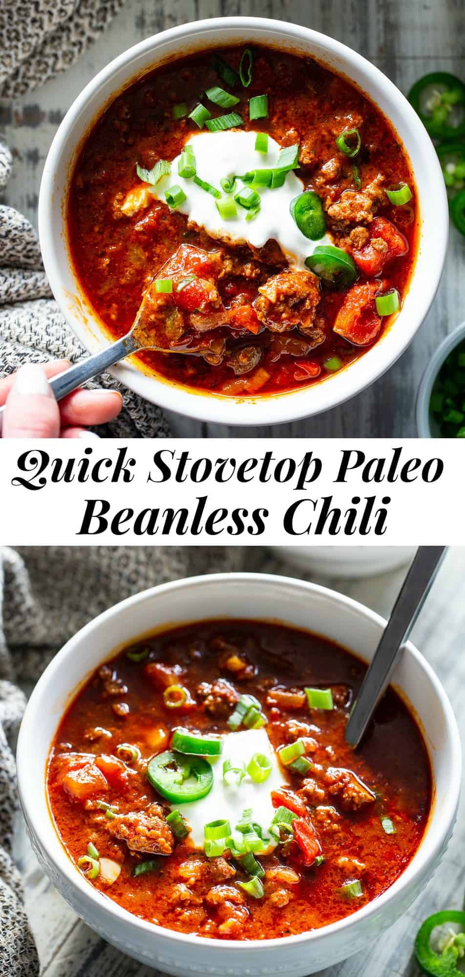 A fast stovetop beanless chili that’s packed with flavor and just the right amount of spice.  This hearty chili is great for weeknights served on it’s own or with cauliflower rice for a healthy meal that’s paleo and Whole30 compliant.  #paleo #whole30 #chili #cleaneating 