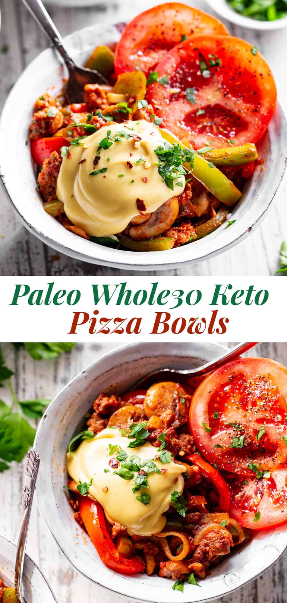 It's everything you love about pizza, deconstructed and served in a bowl!  These paleo pizza bowls are loaded with Italian sausage, veggies, and pizza sauce, then topped with a dairy free cheese sauce that's so tasty it's addicting!  These pizza bowls are Whole30 compliant, low in carbs, and you can use whatever "toppings" suit your taste.  Quick and easy, perfect for weeknights, filling and healthy. #paleo #whole30 #cleaneating #lowcarb #keto