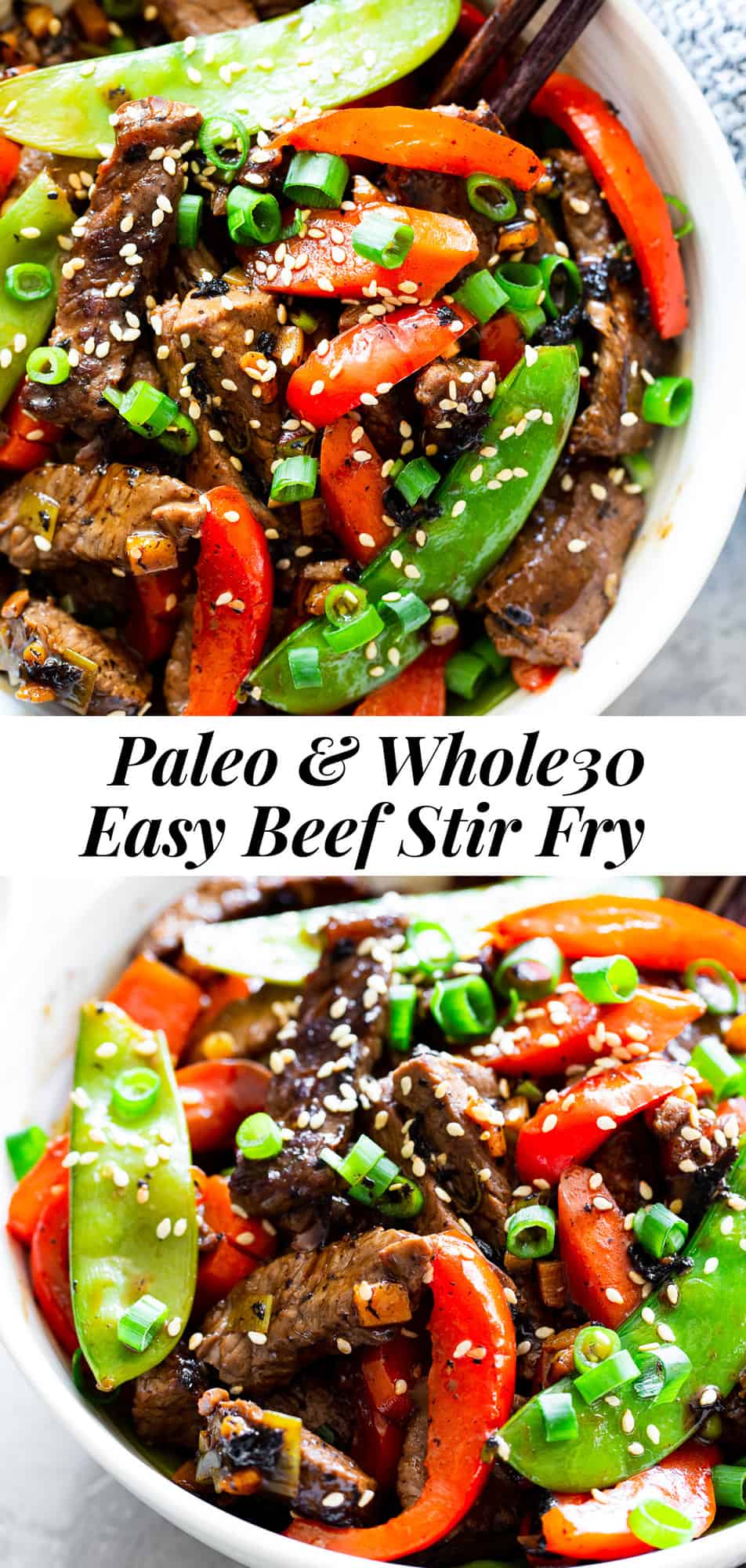 This quick and tasty paleo beef stir fry is loaded with flavor and veggies and uses clean simple ingredients. It’s so much healthier than takeout but just as fast! Family approved and great for weeknight dinners. I love serving it over fried cauliflower rice to keep it paleo, Whole30 compliant and low carb too. #paleo #whole30 #lowcarb #keto