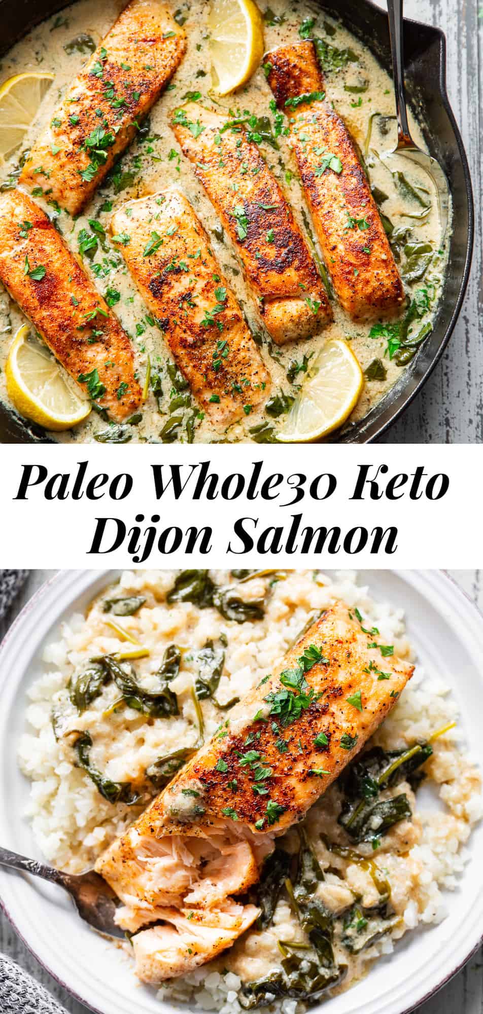This creamy dijon salmon is made all in one skillet in just 20 minutes! It’s packed with flavor, perfect for weeknights and even kid approved. This easy paleo dinner is also Whole30 compliant and low in carbs, for a healthy meal you’ll want on repeat! #paleo #keto #whole30 #cleaneating 