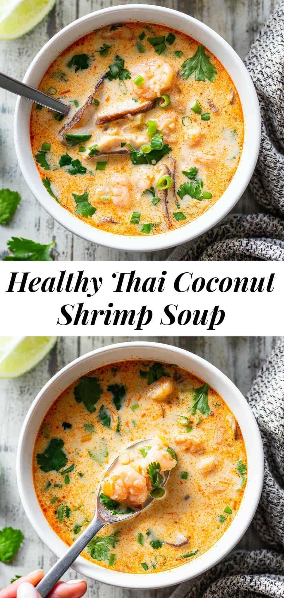 This Thai Shrimp Soup is quick and easy to make and packed with flavor! This shrimp coconut curry soup has simple ingredients and is naturally paleo, Whole30 compliant and low carb. It’s much healthier than takeout and ready faster! Amazing for a healthy weeknight dinner. #paleo #Whole30 #keto #lowcarb #cleaneating 