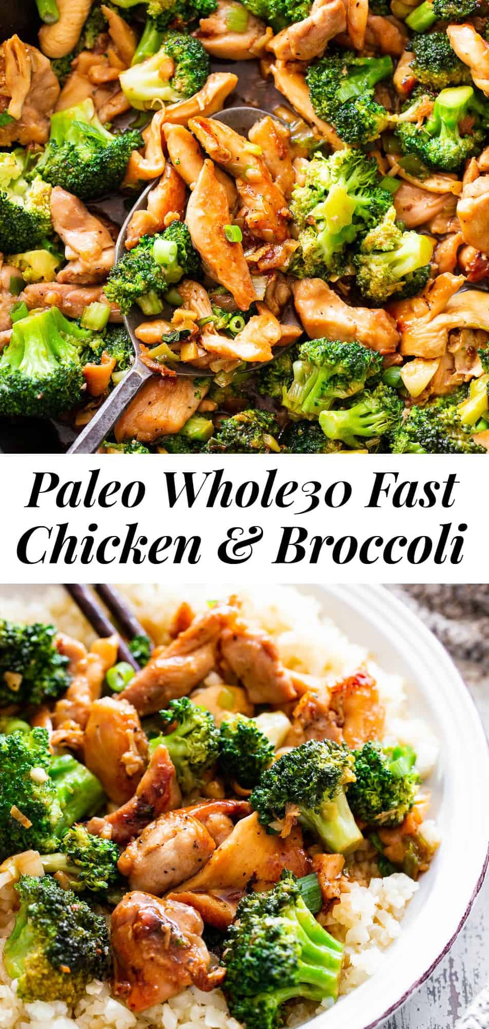 This quick and tasty paleo chicken and broccoli stir fry uses clean simple ingredients and is so much healthier than takeout but just as fast! It’s family approved and great for weeknight dinners. I love serving it over fried cauliflower rice to keep it paleo, Whole30 compliant and low carb too. #paleo #whole30 #cleaneating #keto
