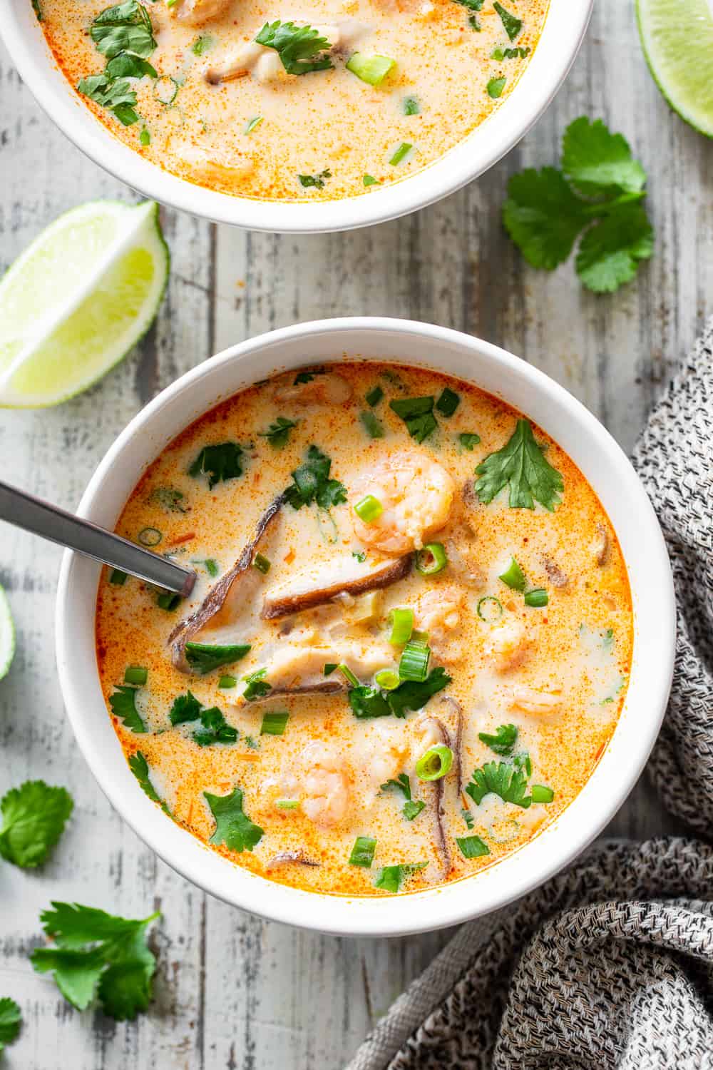 This Thai Shrimp Soup is quick and easy to make and packed with flavor! This shrimp coconut curry soup has simple ingredients and is naturally paleo, Whole30 compliant and low carb. It’s much healthier than takeout and ready faster! Amazing for a healthy weeknight dinner. #paleo #Whole30 #keto #lowcarb #cleaneating 