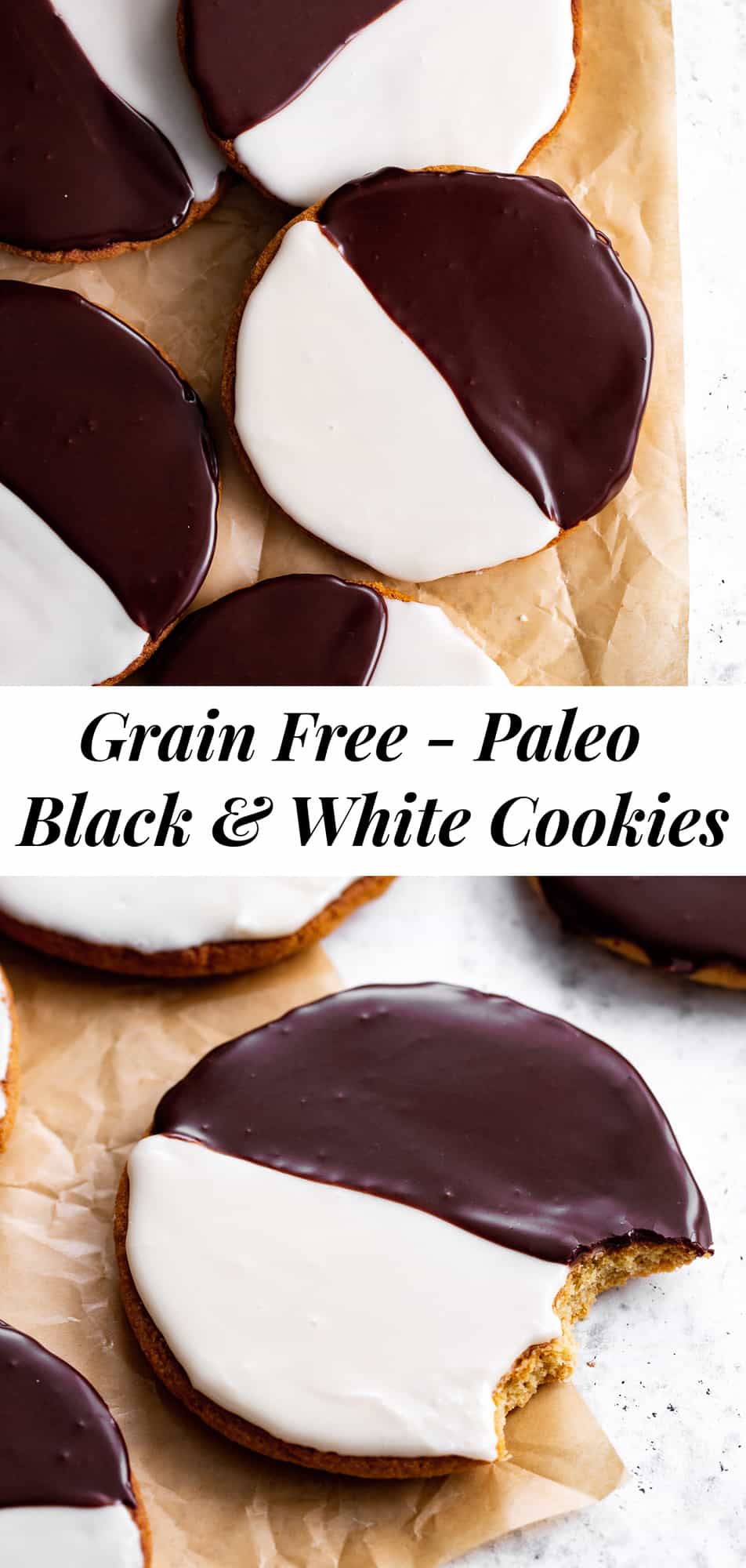  These homemade Black and White Cookies taste just like everyone's favorite New York City style bakery cookies - so much so that you'd never guess they're grain free!  This gluten free and grain free cookie recipe has dairy free and paleo options so everyone can enjoy these classic cookies at home!  #paleobaking #glutenfree #grainfree #paleo #cleaneating #glutenfreebaking #healthybaking