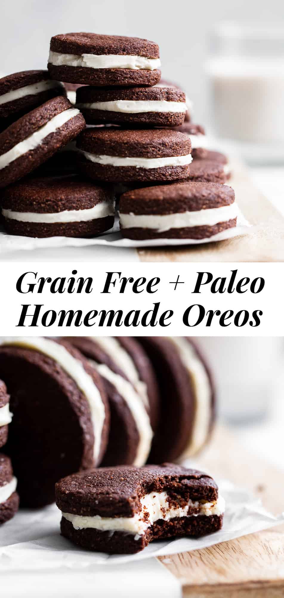 Make a healthier version of your favorite cookies at home with these easy paleo homemade Oreos! They’re grain free and gluten free with dairy free and paleo options, but they taste so authentic that no one would ever guess. They’re also a fun baking project for kids to help with! #paleobaking #glutenfree #grainfree #cookies #oreos