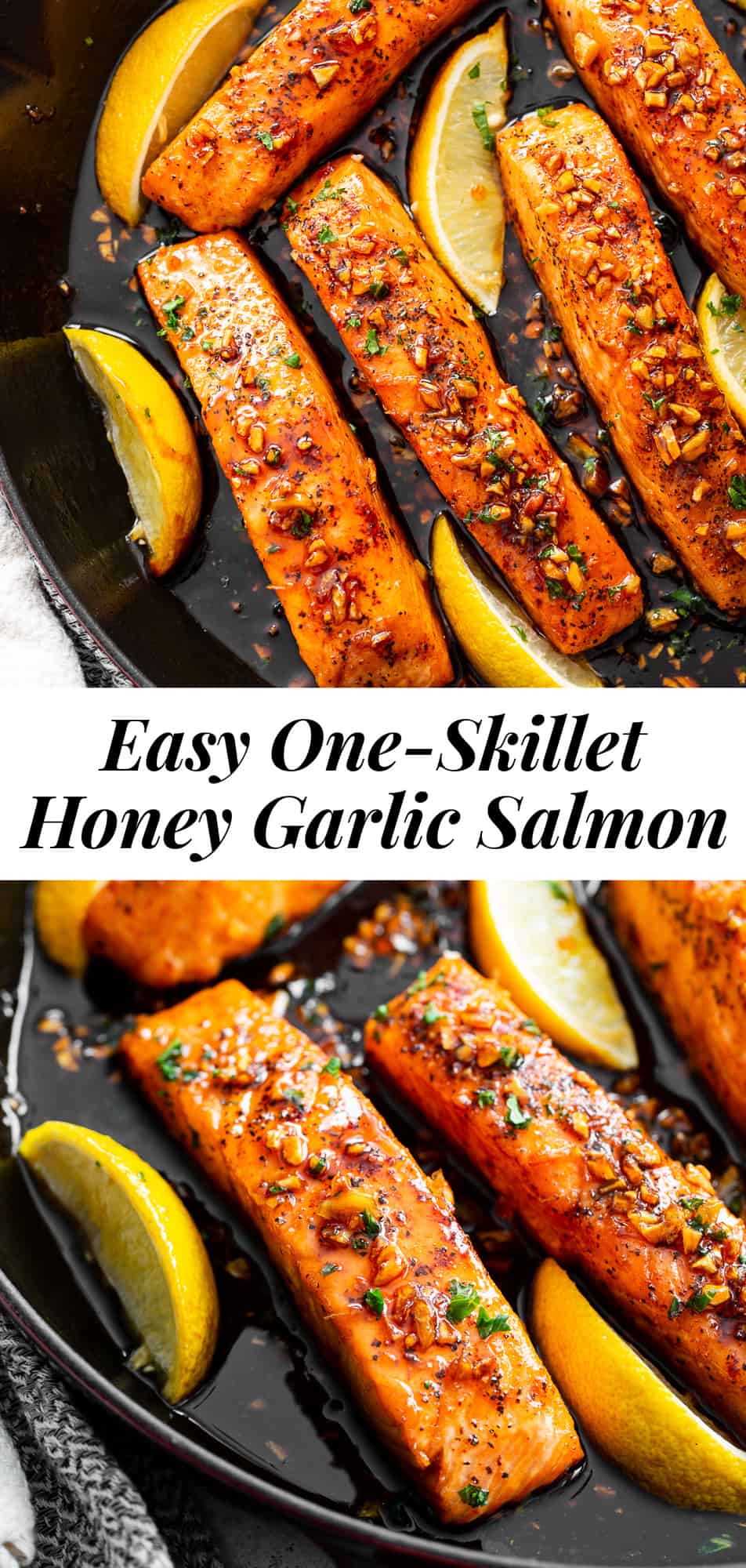 This simple 20 minute honey garlic salmon is made in one skillet and the sauce is addicting!  It’s paleo, gluten free and a family favorite.  Serve it over cauliflower rice and with your favorite veggies for a healthy weeknight meal.  #paleo #cleaneating #salmon