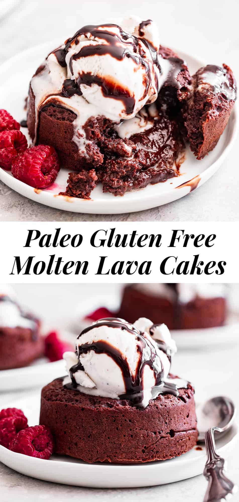 These simple chocolate molten lava cakes taste rich and decadent with a gooey chocolate filling.  They're made without flour or refined sugar but you would never guess!  It's the perfect easy treat to make for Valentine's Day or whenever you're craving something ultra chocolatey.  Gluten free, grain free, and paleo friendly. #paleo #glutenfree #chocolate #glutenfreebaking #healthybaking #cleaneating