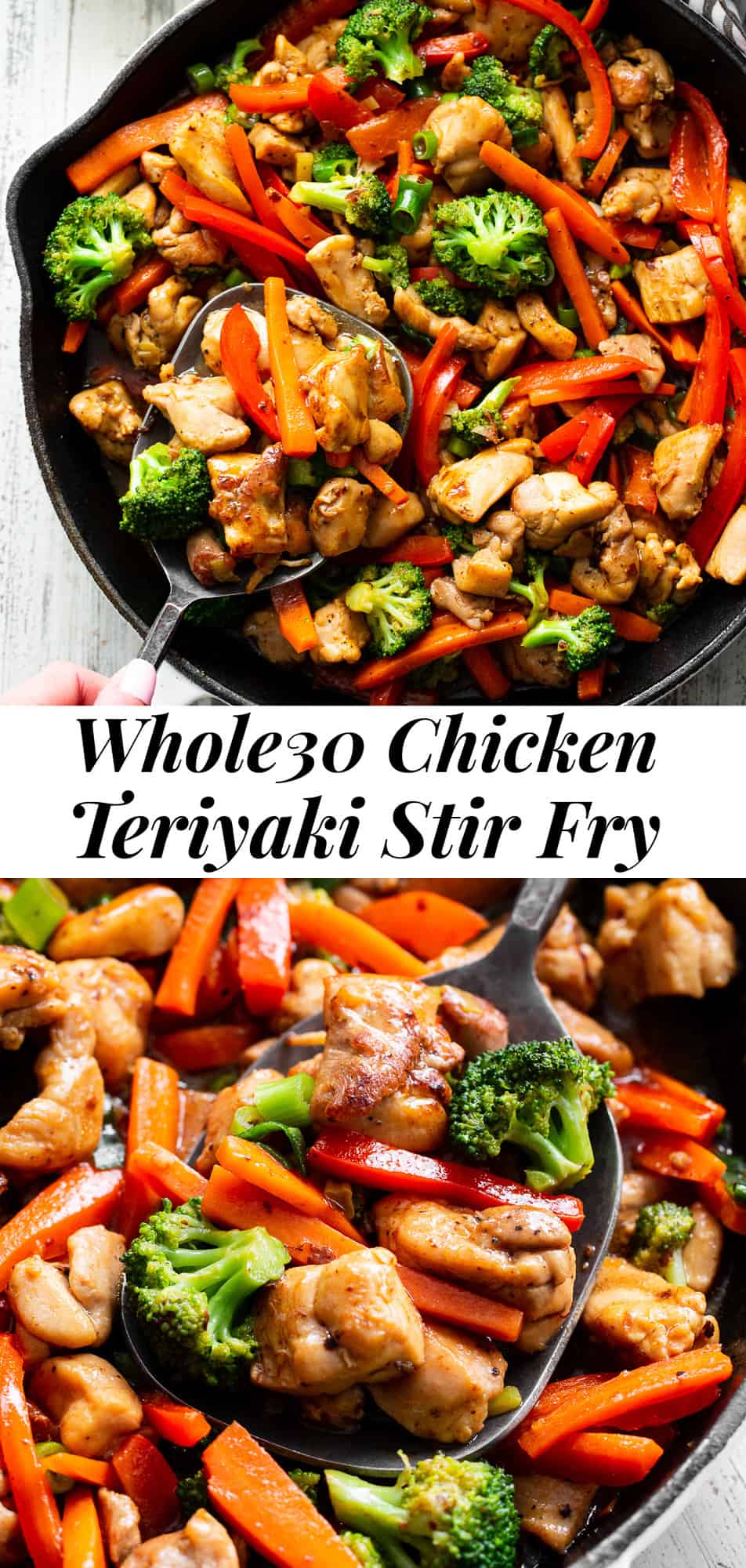 This quick and tasty paleo chicken teriyaki stir fry uses clean simple ingredients and is so much healthier than takeout! It’s family approved, fast, and great for weeknight dinners. I love serving it over fried cauliflower rice to keep it paleo, Whole30 compliant and low in carbs too. #paleo #whole30 #cleaneating #teriyaki #chicken