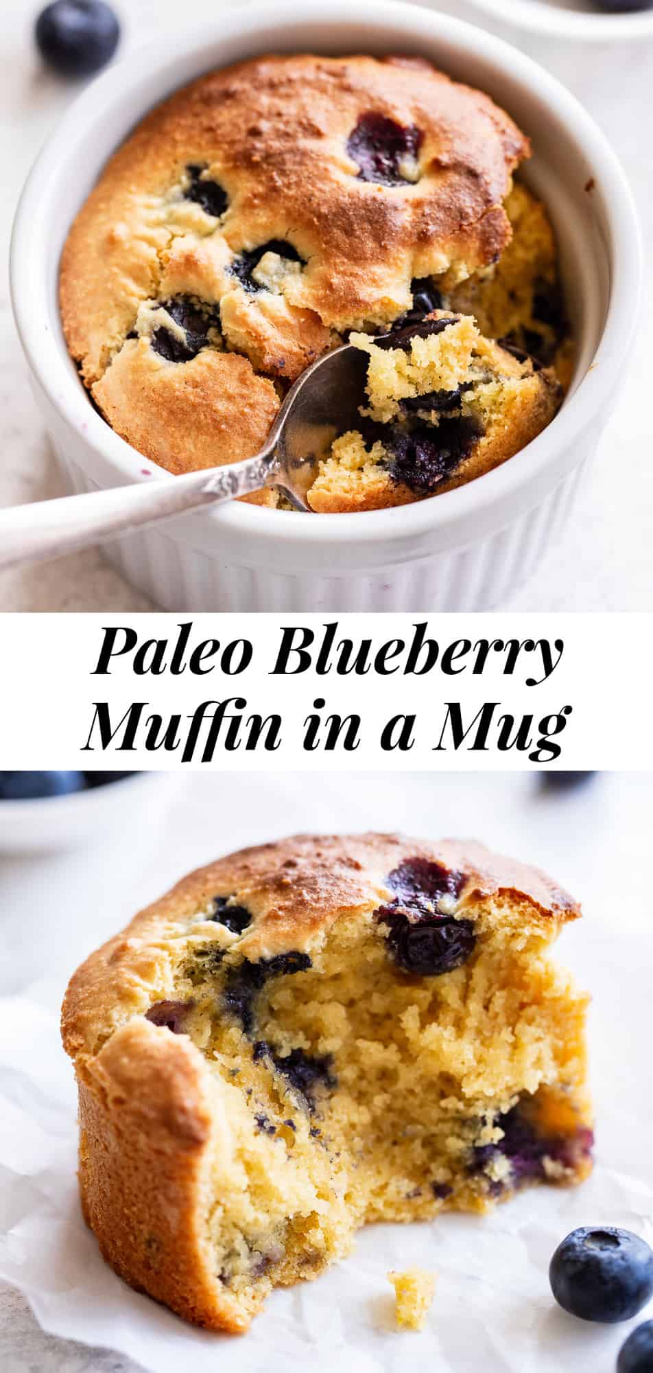 Make a bakery style blueberry muffin in a mug or ramekin that just happens to be grain free and paleo!  This single or double serve muffin is fluffy and tender, loaded with juice blueberries and easy to bake in the toaster oven or oven.  Gluten free, paleo and dairy free. #paleo #paleobaking #glutenfree #cleaneating