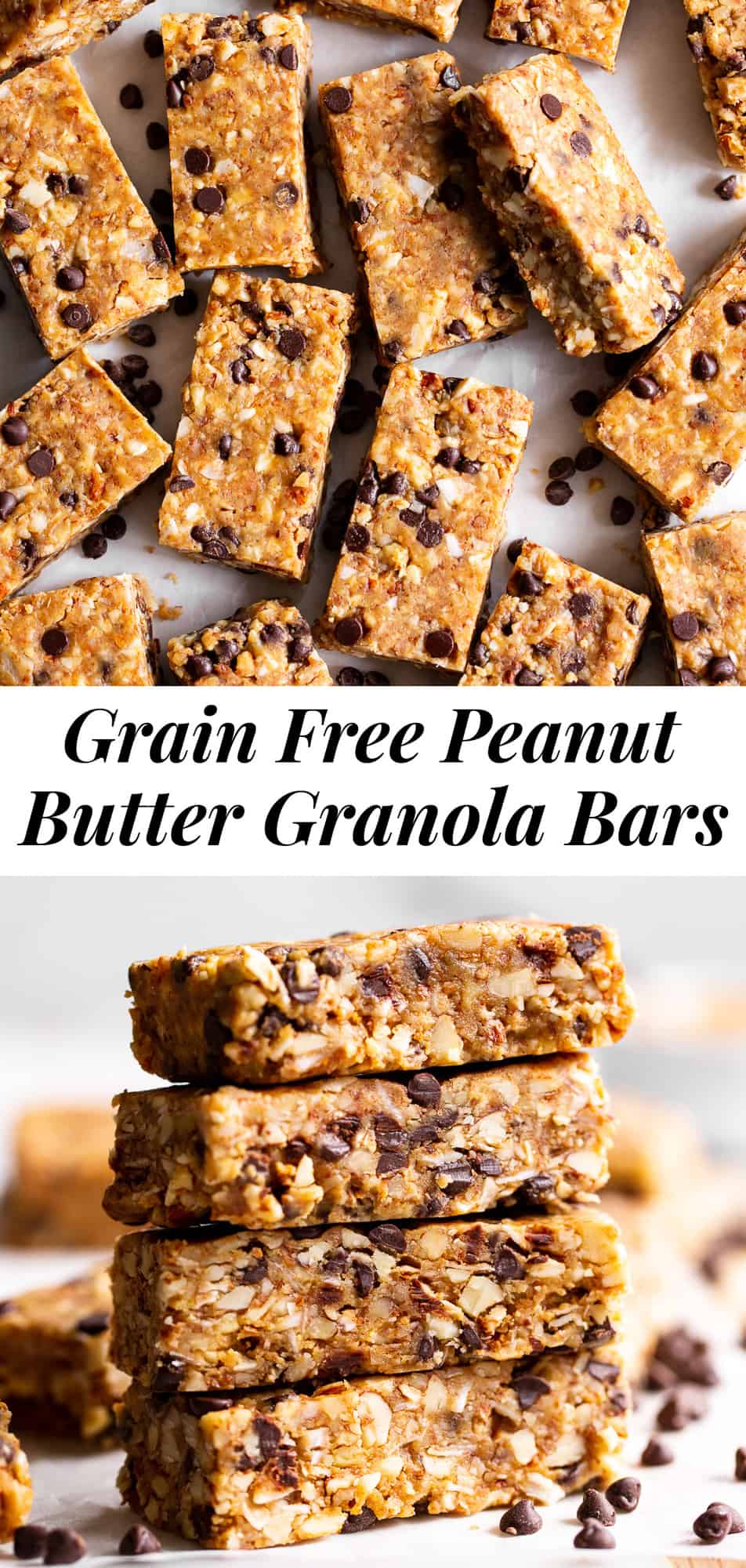 These no bake, chewy peanut butter granola bars are a breeze to make and so addicting! They’re gluten free and grain free, with both vegan and paleo options. Perfect for quick snacks, these homemade granola bars are perfect right out of the fridge or freezer. #peanutbutter #grainfree #paleo #glutenfree #granolabars #vegan 