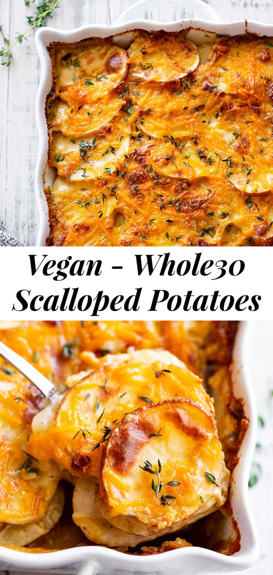 This healthier take on classic creamy, “cheesy” scalloped potatoes will become your new favorite side dish! Packed with garlic and fresh herbs, “buttery” flavor, a creamy dairy free sauce and optional vegan cheese, these scalloped potatoes are a dream! Paleo friendly with Whole30 and vegan options. #paleo #whole30 #potatoes #vegan #dairyfree