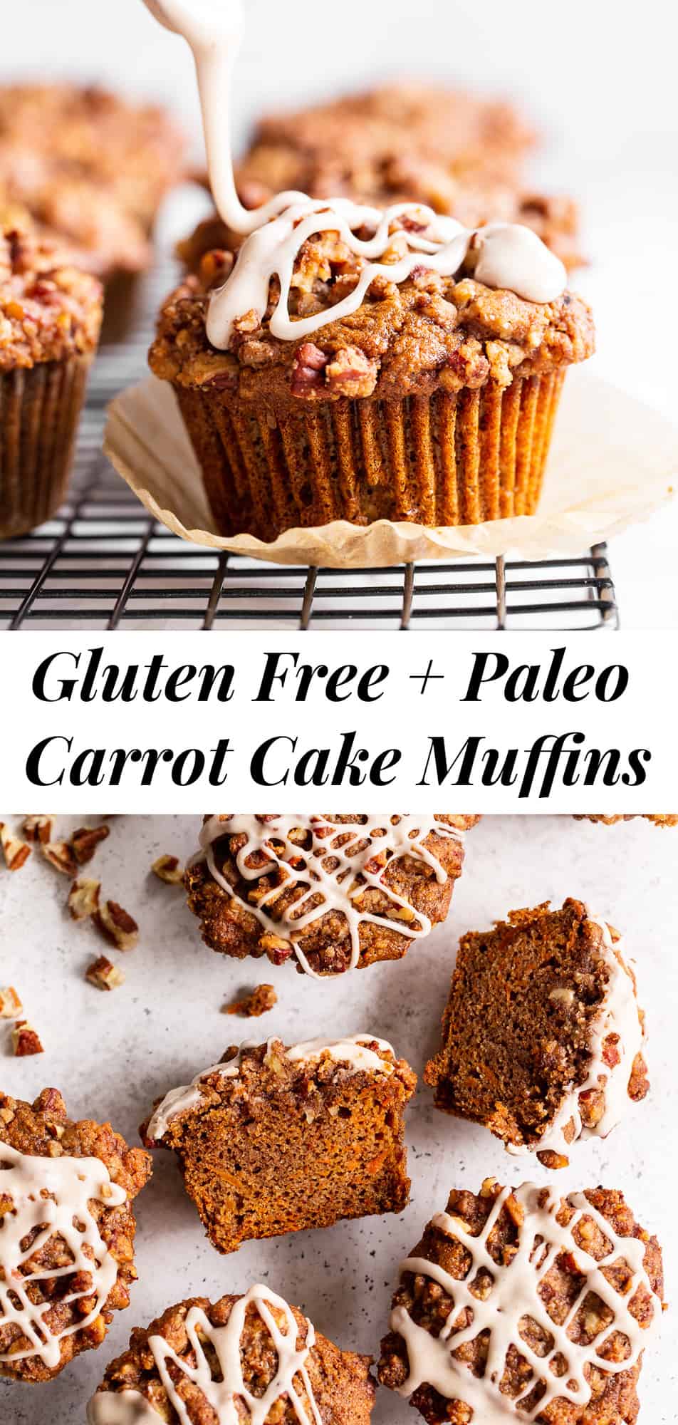 Sweet and moist, with lots of warm spices and an irresistible cinnamon pecan crumb topping, these carrot muffins are sure to become a favorite!  They’re perfect to serve at brunch or making ahead of time as a grab and go breakfast or snack.  Gluten-free, dairy-free, paleo, and family approved! #paleo #glutenfree #carrotcake #paleobaking #glutenfreebaking #cleaneating 