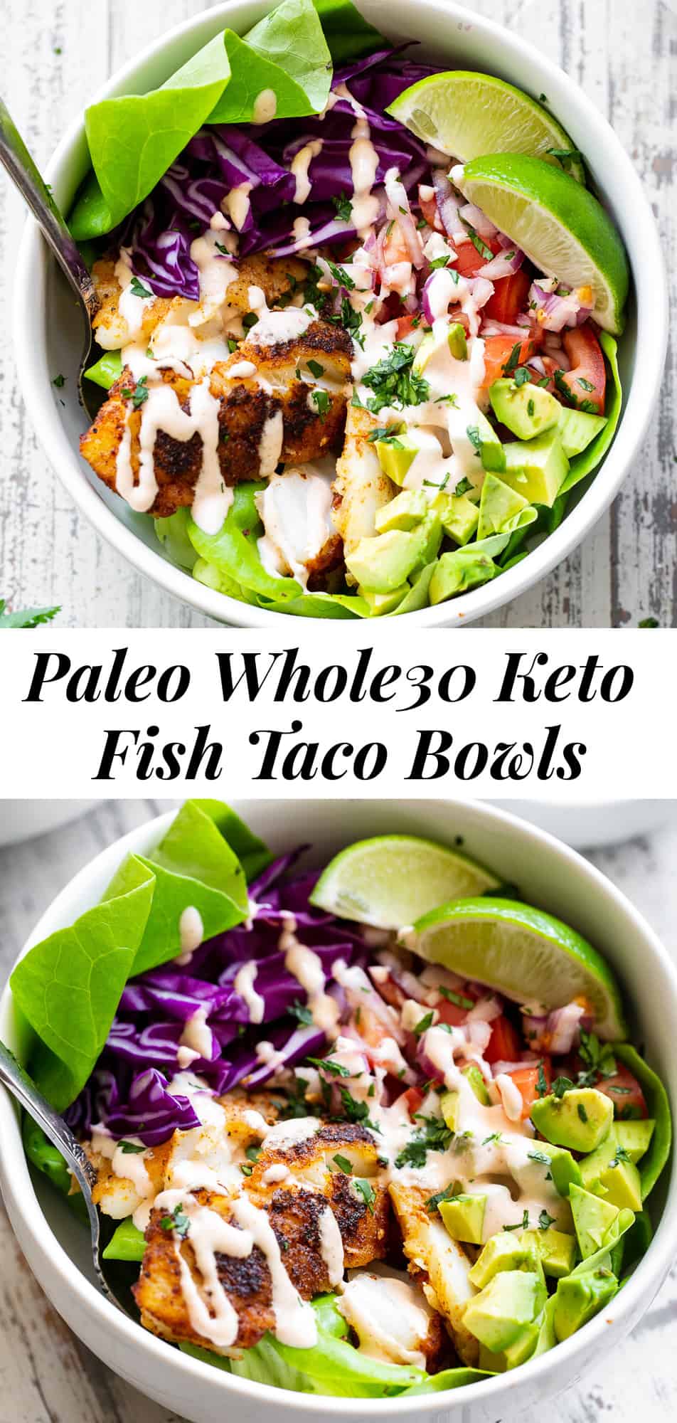 These healthy fish taco bowls are easy to prepare and packed with flavor!  Perfectly seasoned and tender,  flaky fish with a quick salsa, addicting sauce, avocados and veggies. These taco bowls are paleo, Whole30, and keto friendly. Perfect for a light quick dinner any day of the week.