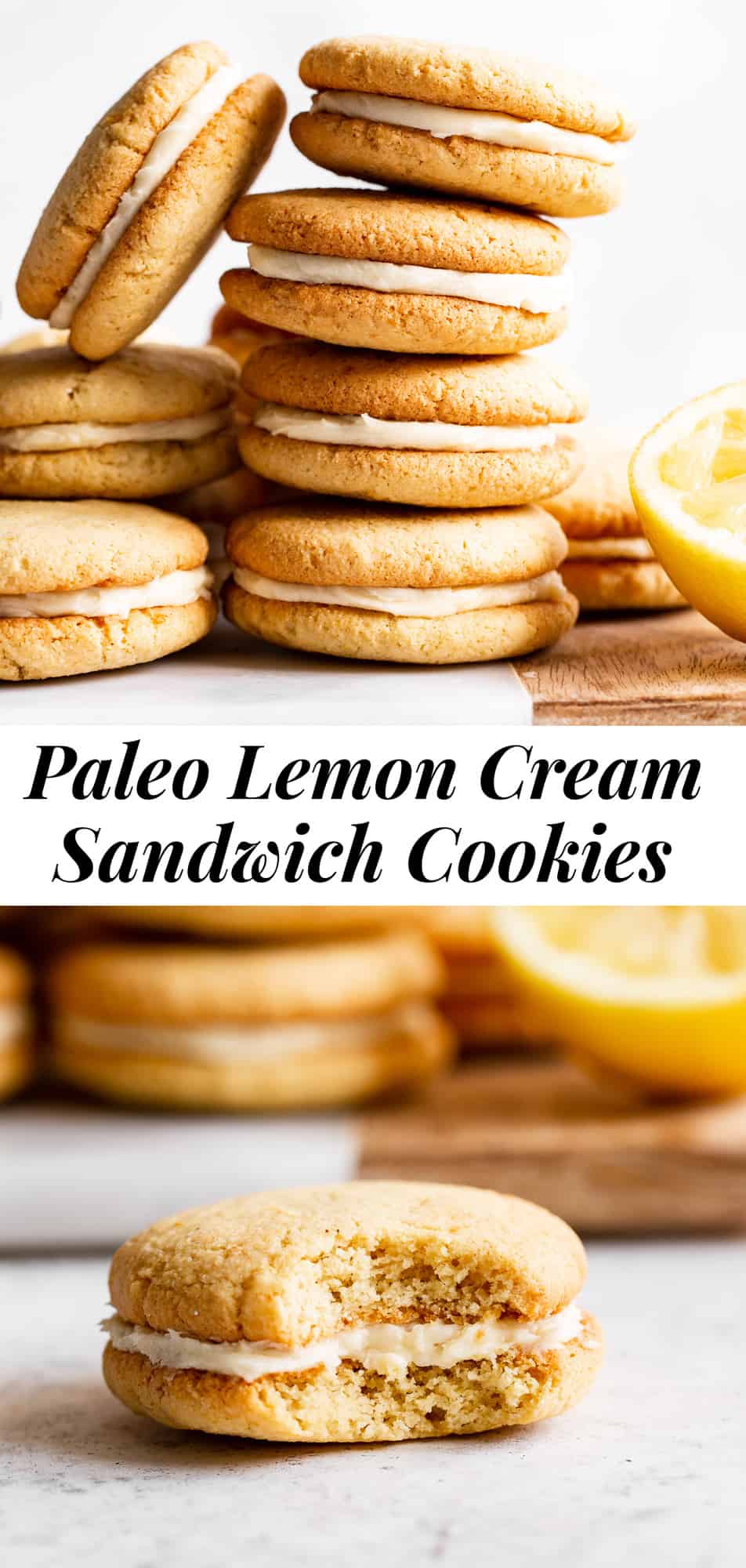 These Lemon Cream Sandwich Cookies are a dream! They’re grain free, dairy free and paleo but no one would ever guess. Sweet lemony slightly chewy sugar cookies are filled with a lemon cream filling to make delicious and surprisingly easy sandwich cookies! Family approved and perfect for any gathering or whenever you need a treat. #paleo #glutenfree #cleaneating 