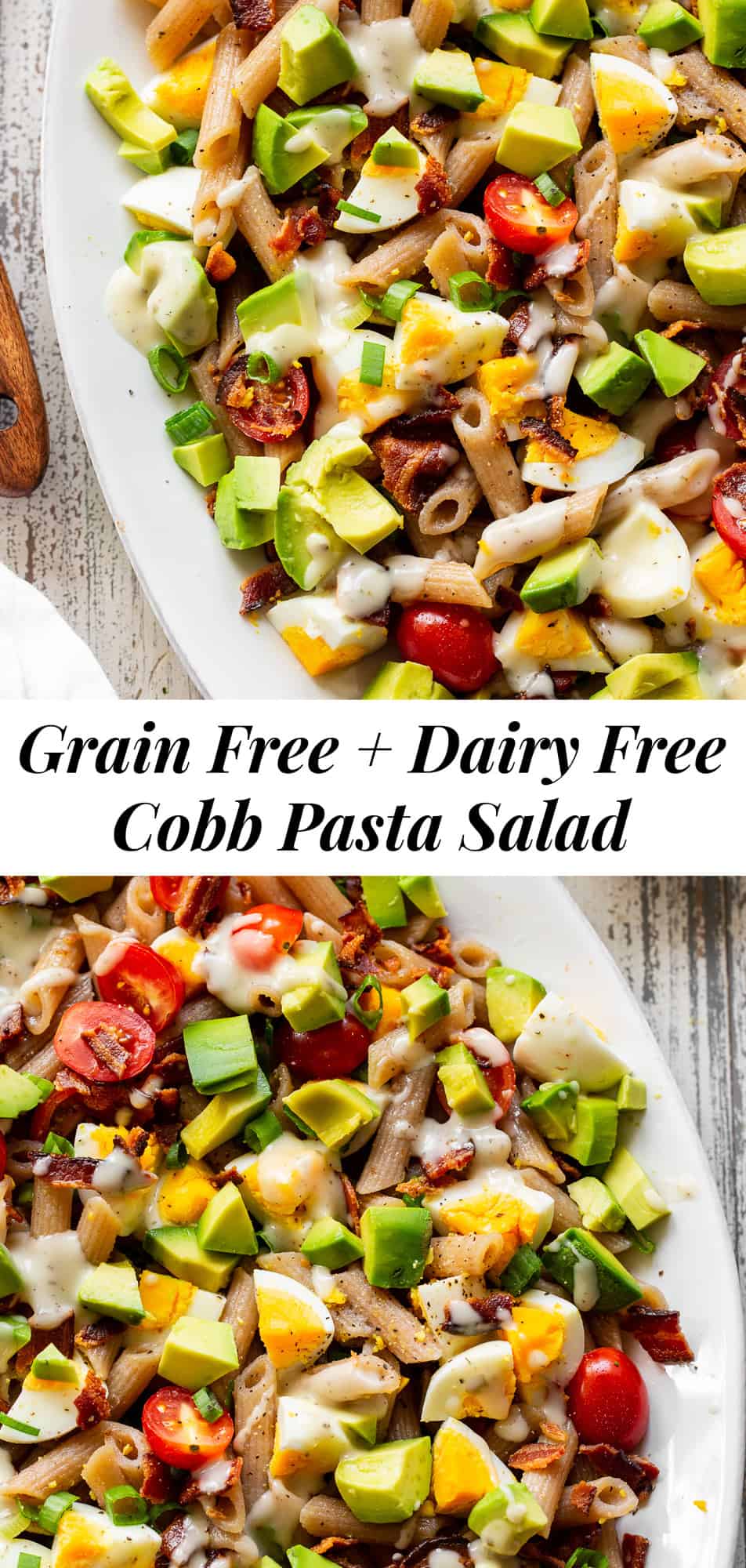 This Cobb Pasta Salad has all the goodies and no one will guess it’s paleo! Bacon, eggs, tomatoes, green onions and avocados are tossed with grain free pasta and drizzled with dairy free ranch dressing. A favorite for BBQ and picnic season, this salad is a great healthy side dish or a main course! #paleo #cleaneating #grainfree 