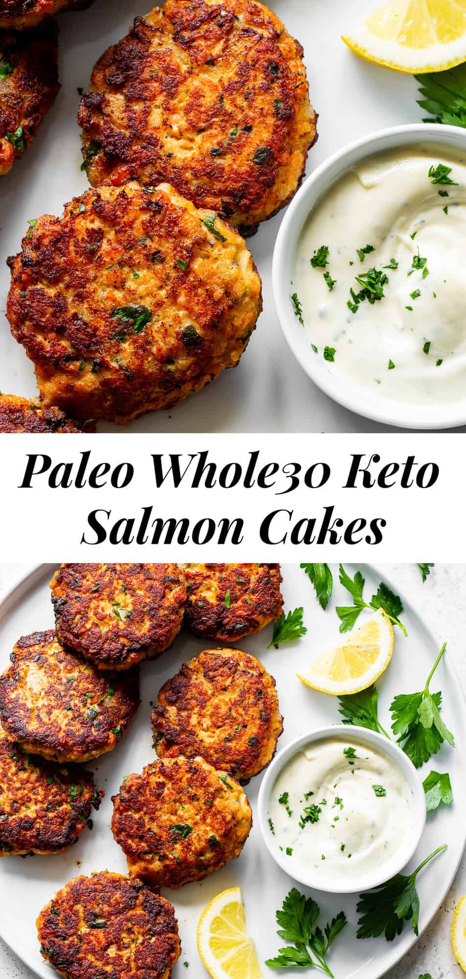 These simple salmon cakes are packed with flavor, easy to make and kid approved! Served with an easy aioli, they’re perfect over a salad for a light lunch or dinner or with your favorite roasted or sautéed veggies. Paleo, gluten free, Whole30 and keto. #paleo #whole30 #keto 