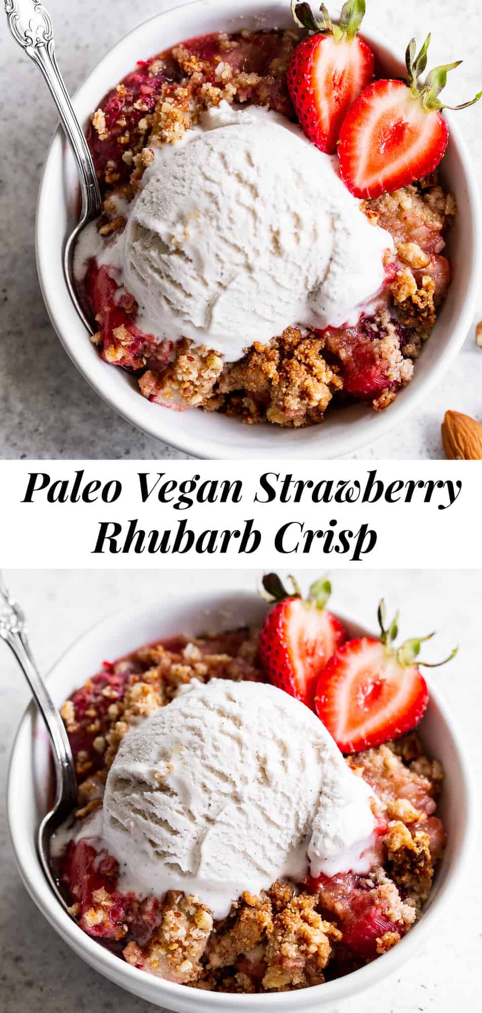 This classic Strawberry Rhubarb Crisp is irresistibly delicious and easy to make!  A sweet tart fruit filling is topped with a toasty crumble for a summer dessert that will make everyone come back for seconds.  It’s paleo, vegan, gluten-free, dairy-free and refined sugar free. #paleo #vegan #cleaneating #strawberryrhubarb 