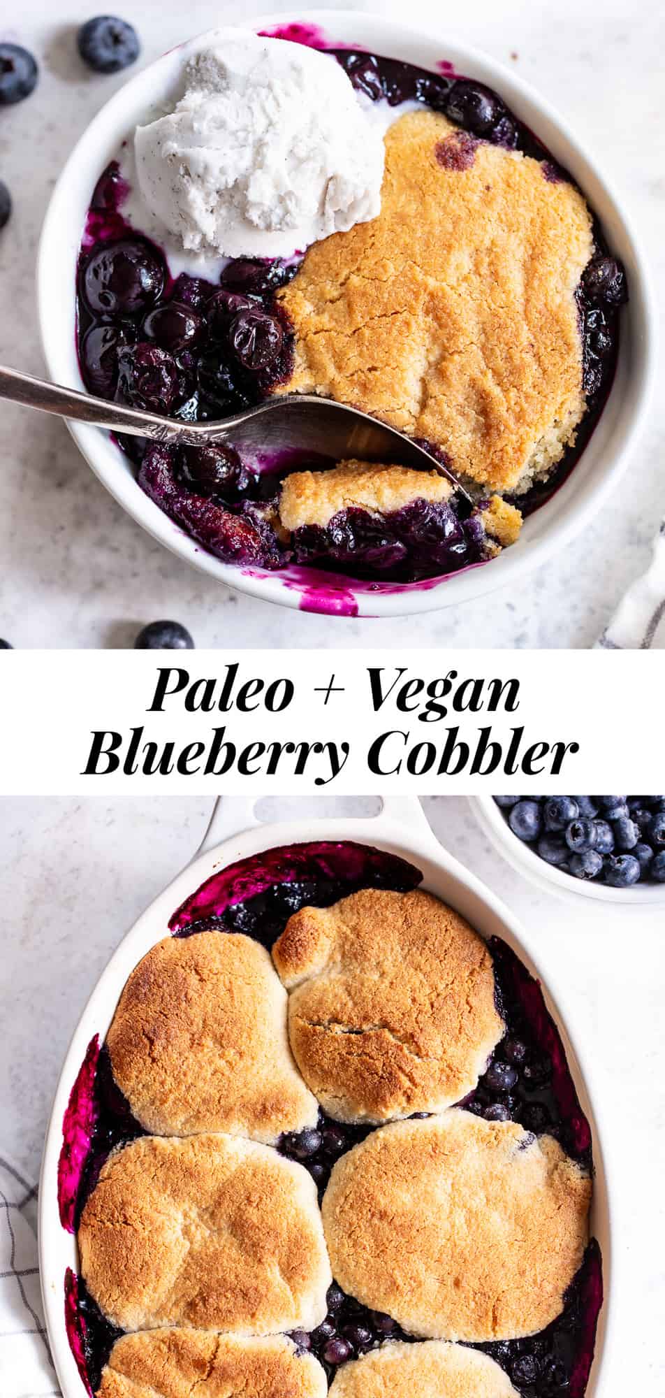 This paleo and vegan blueberry cobbler has quickly become a family favorite!  A sweet gooey blueberry layer is baked with a biscuit cobbler topping that’s gluten free, dairy free, and egg free.  It’s perfect served with a big scoop of coconut vanilla ice cream or on its own!  Easy to make and the perfect healthy dessert for Spring and Summer. #paleo #vegan #cobbler #glutenfree #paleobaking #cleaneating #glutenfreedessert